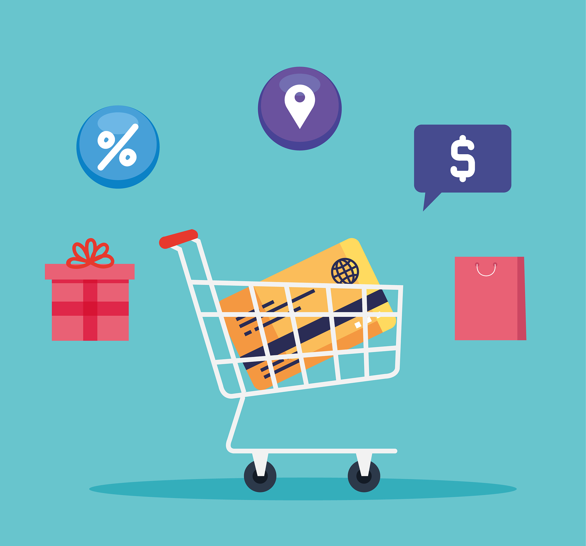 credit card inside shopping cart and icon set