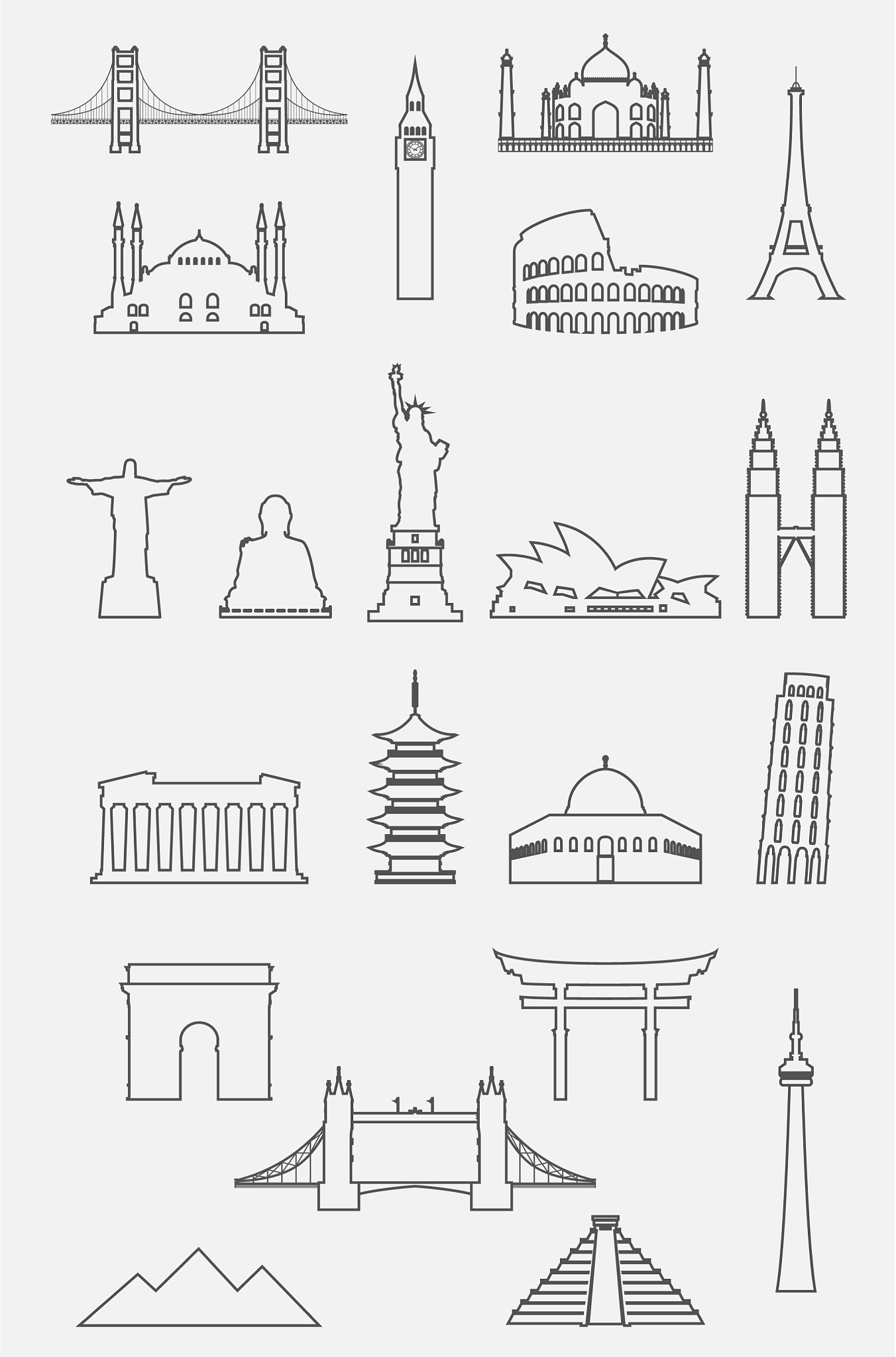 travel landmarks icon set with thin line style