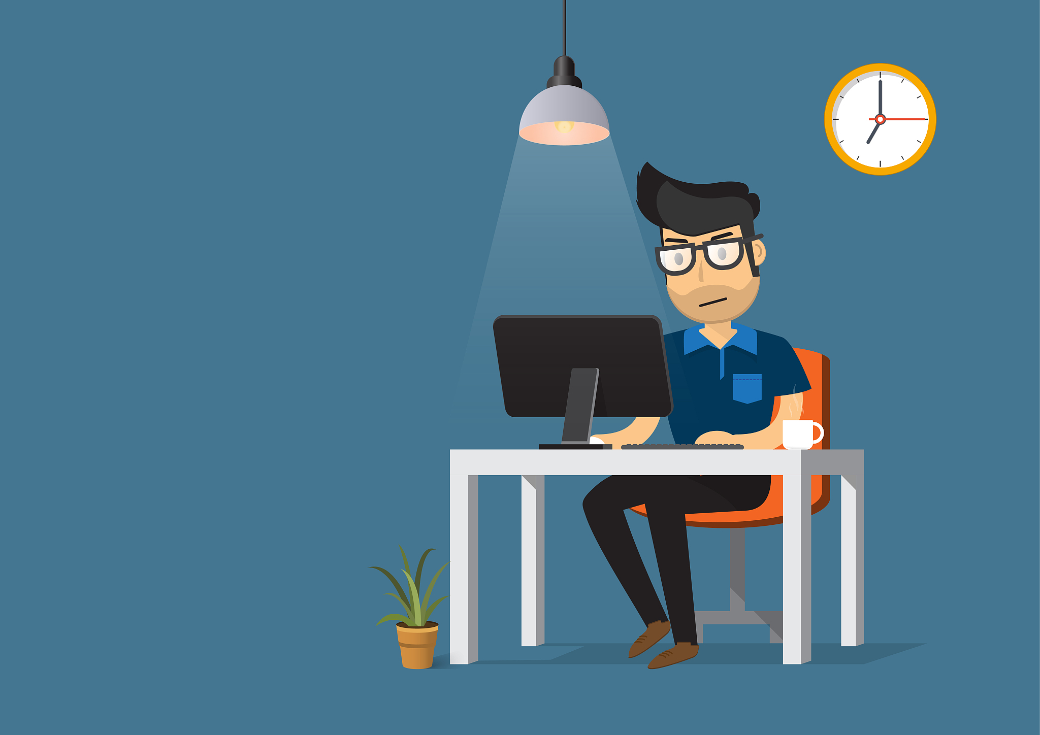 man working on desktop computer and coffee cup.