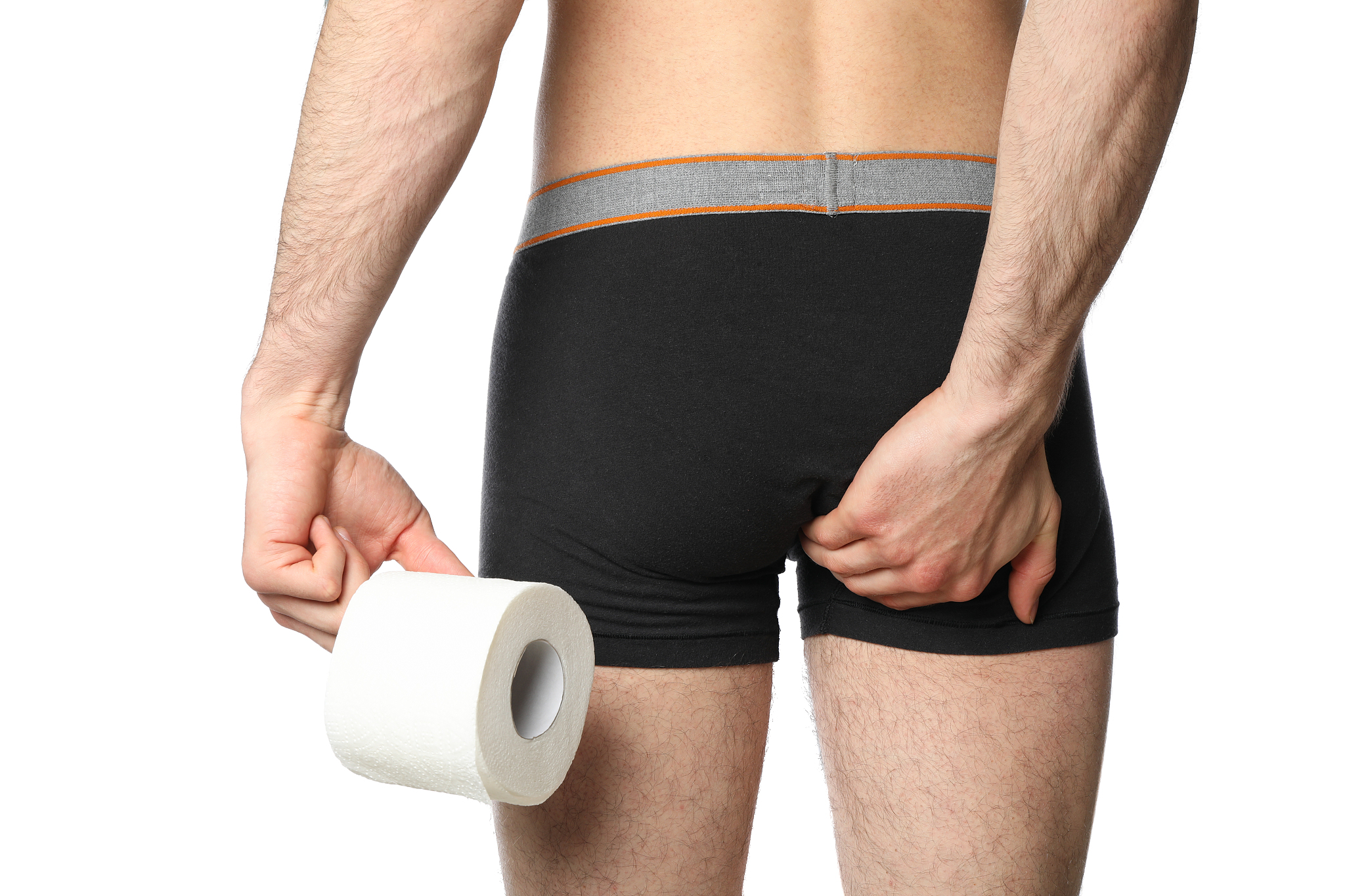 man holding his butt and toilet paper, isolated on white backgro