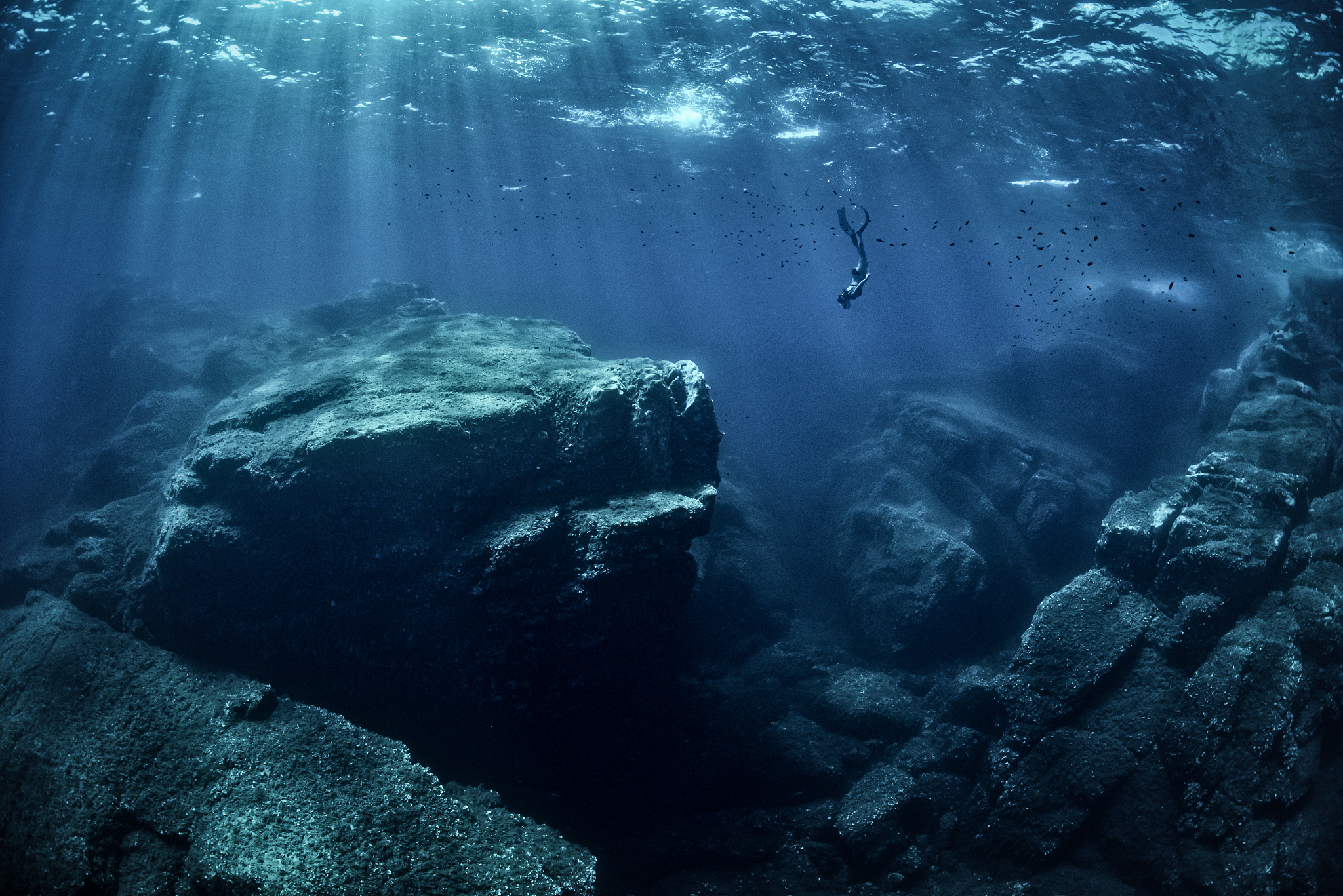 diving in dark blue sea