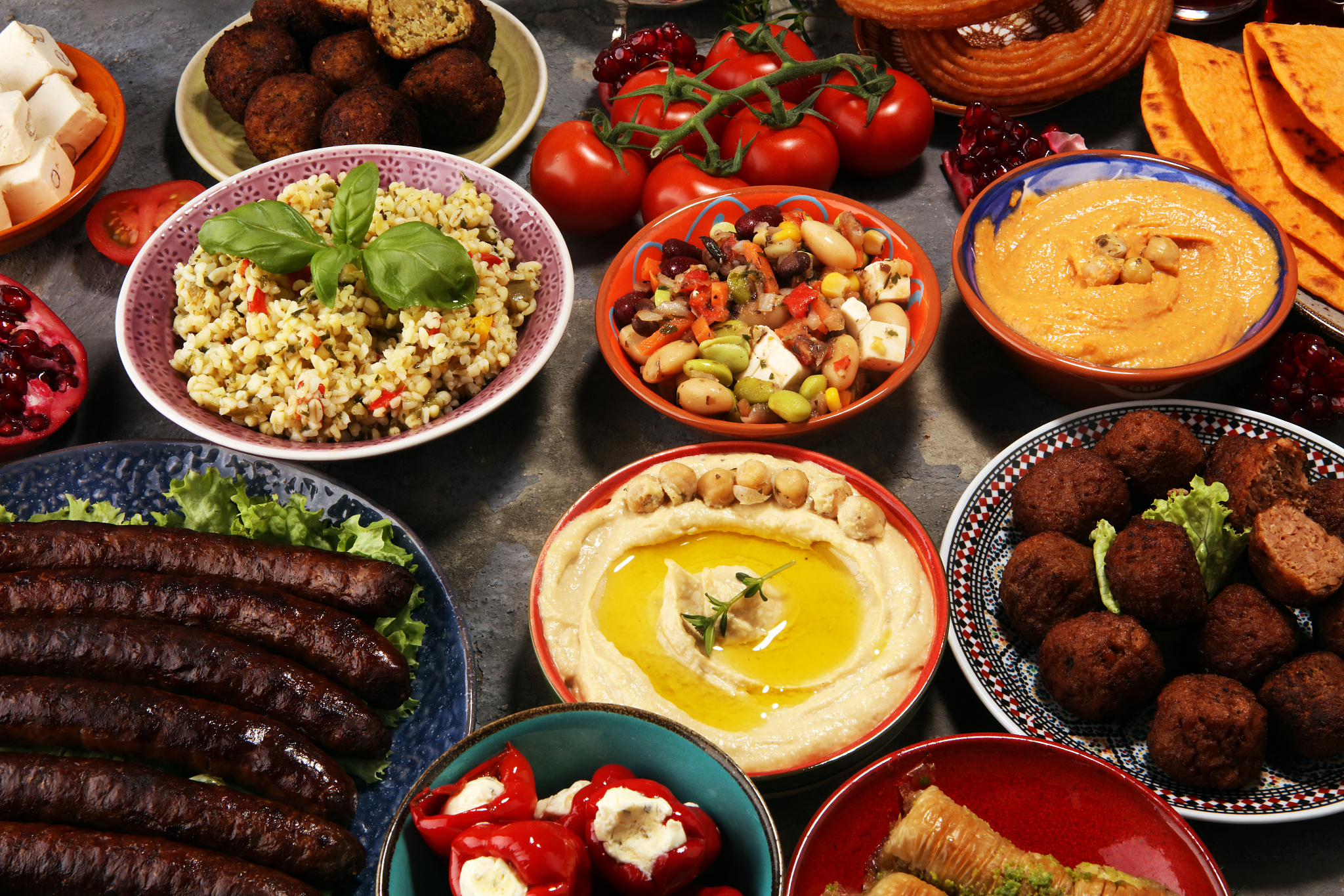 middle eastern or arabic dishes and assorted meze, concrete rust