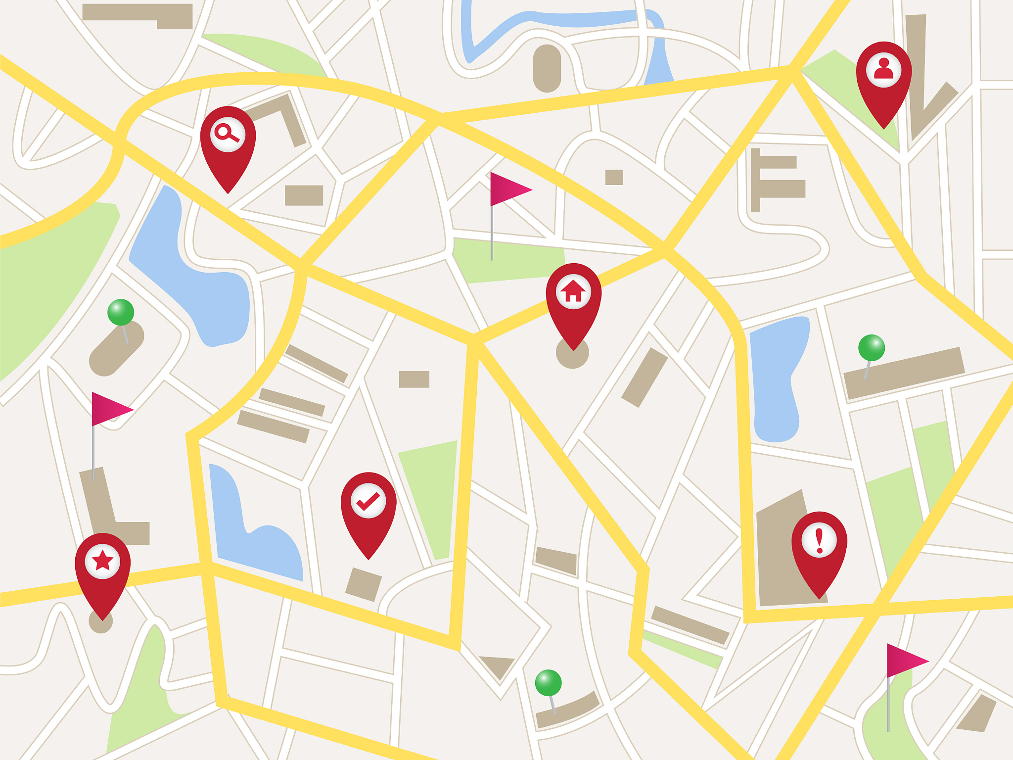 map with red pointer pins and flags