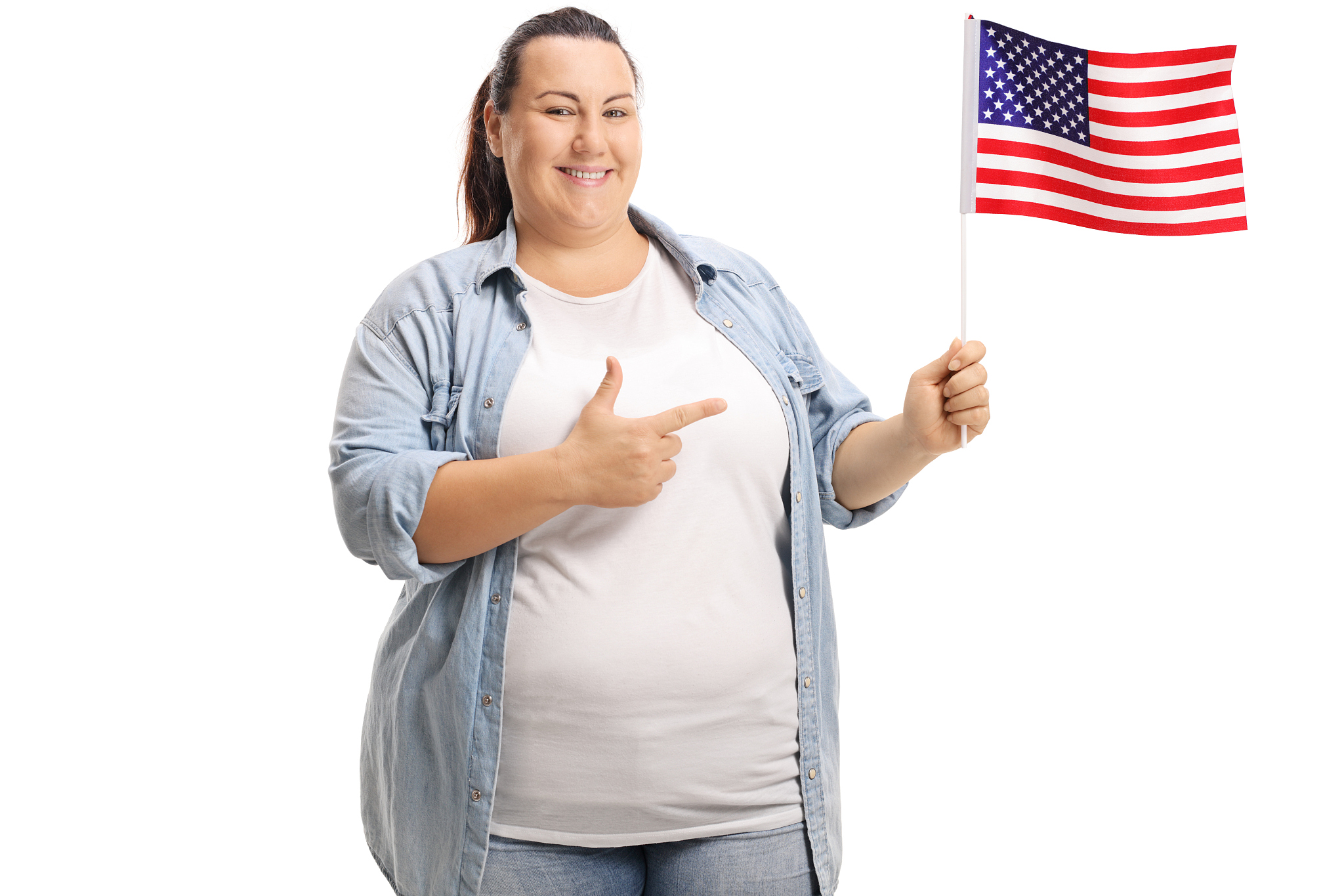 overweight woman holding an american flag and pointing