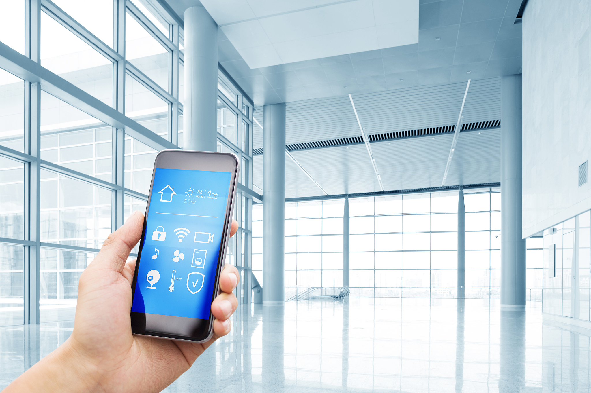 smart phone with smart home with modern hall