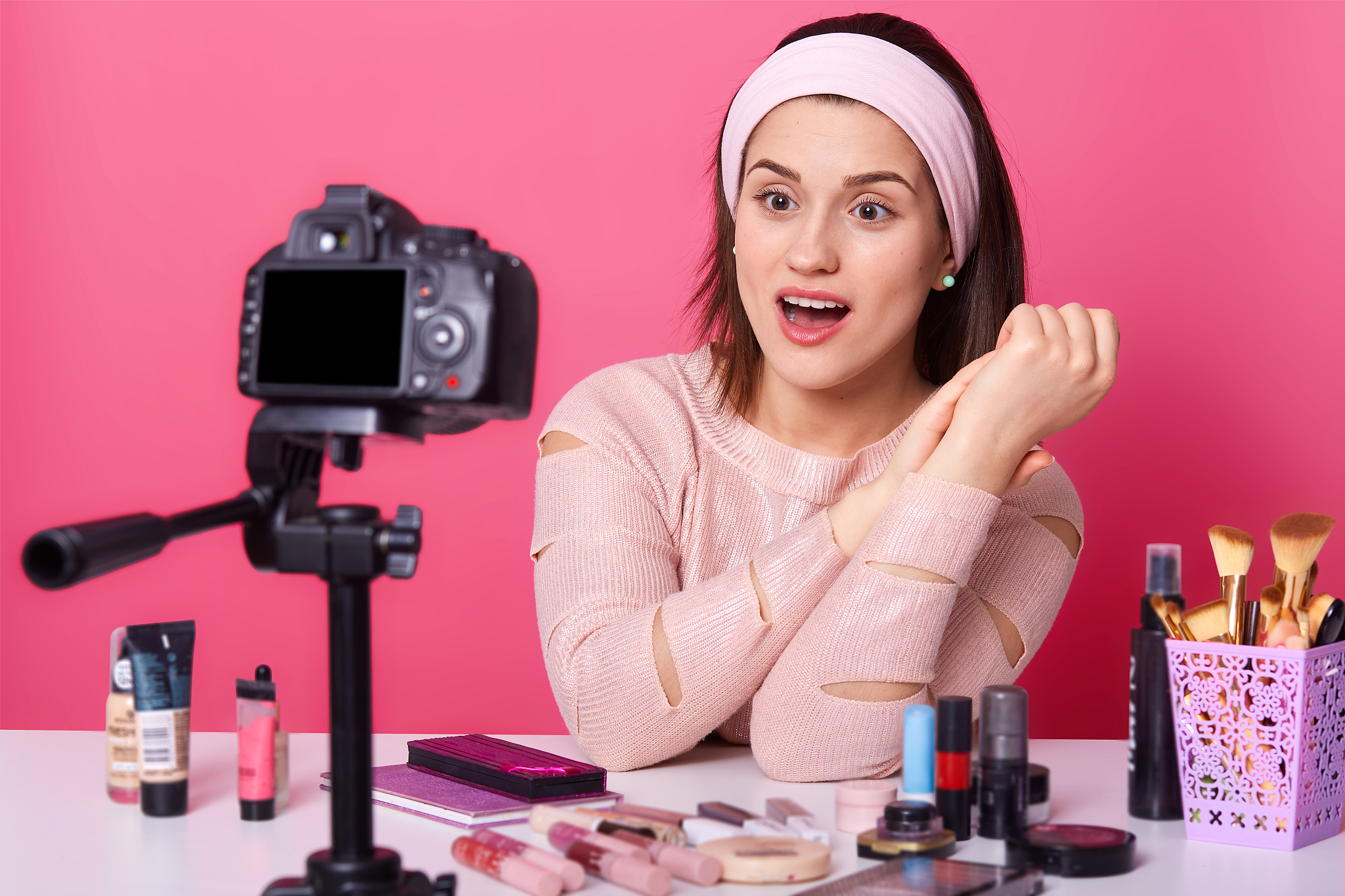 shot of attractive young brunette woman surrounded by new beauty