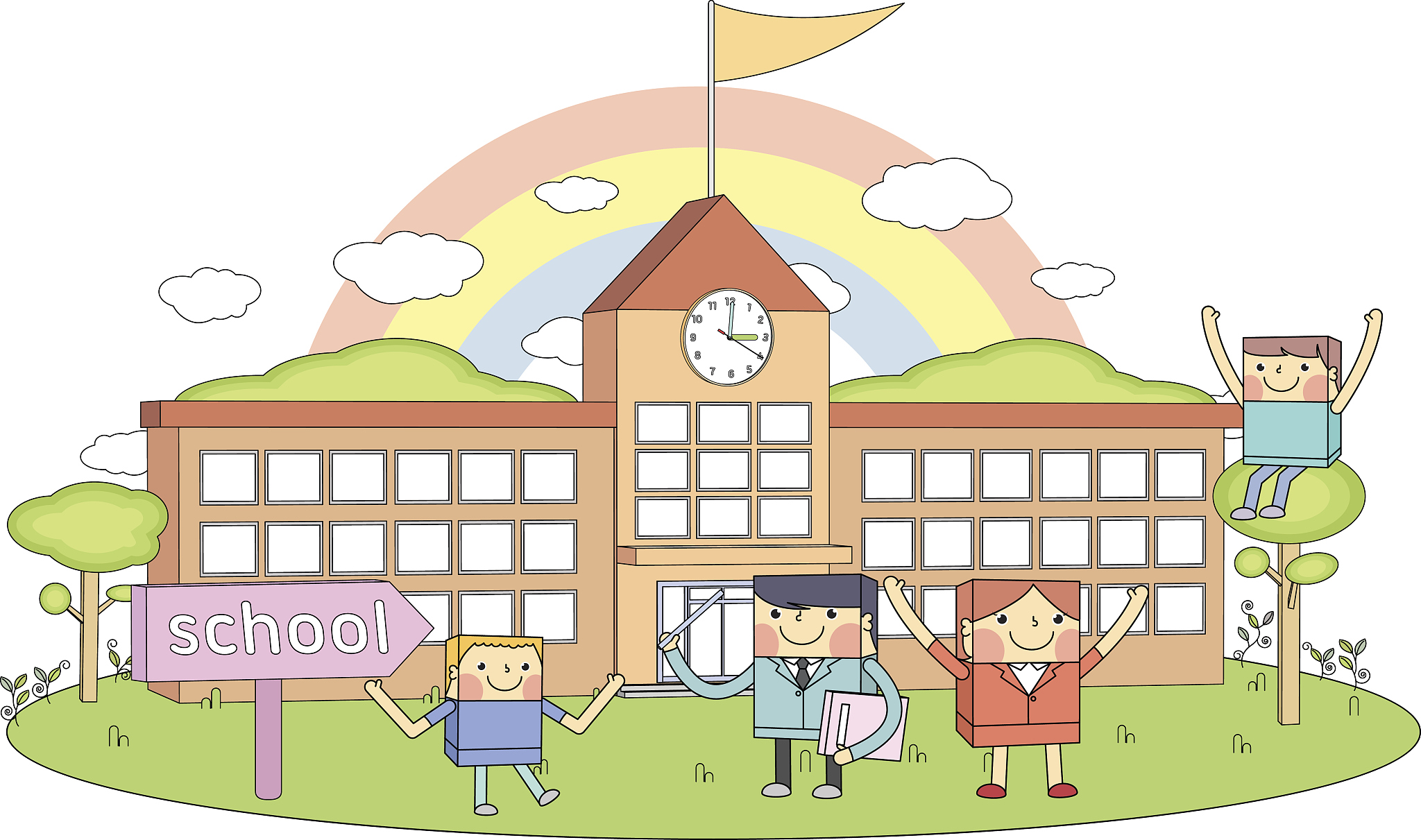 schools & teachers & young students line character illustration