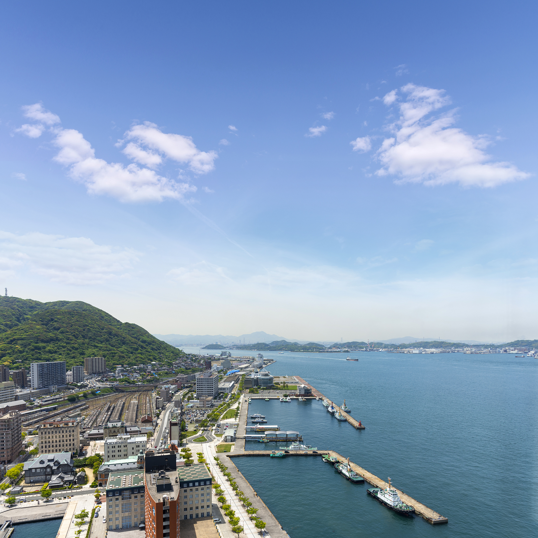 aerial view mojiko retro town, kitakyushu cityscape and blue sky