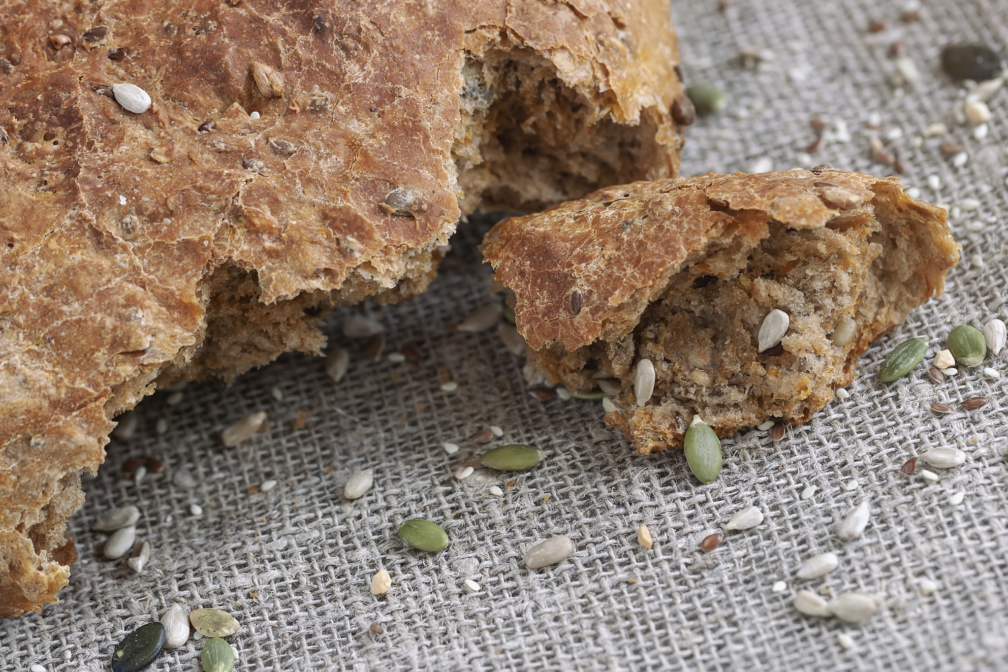 homemade bread and slice, whole seed, sunflower and flax seeds