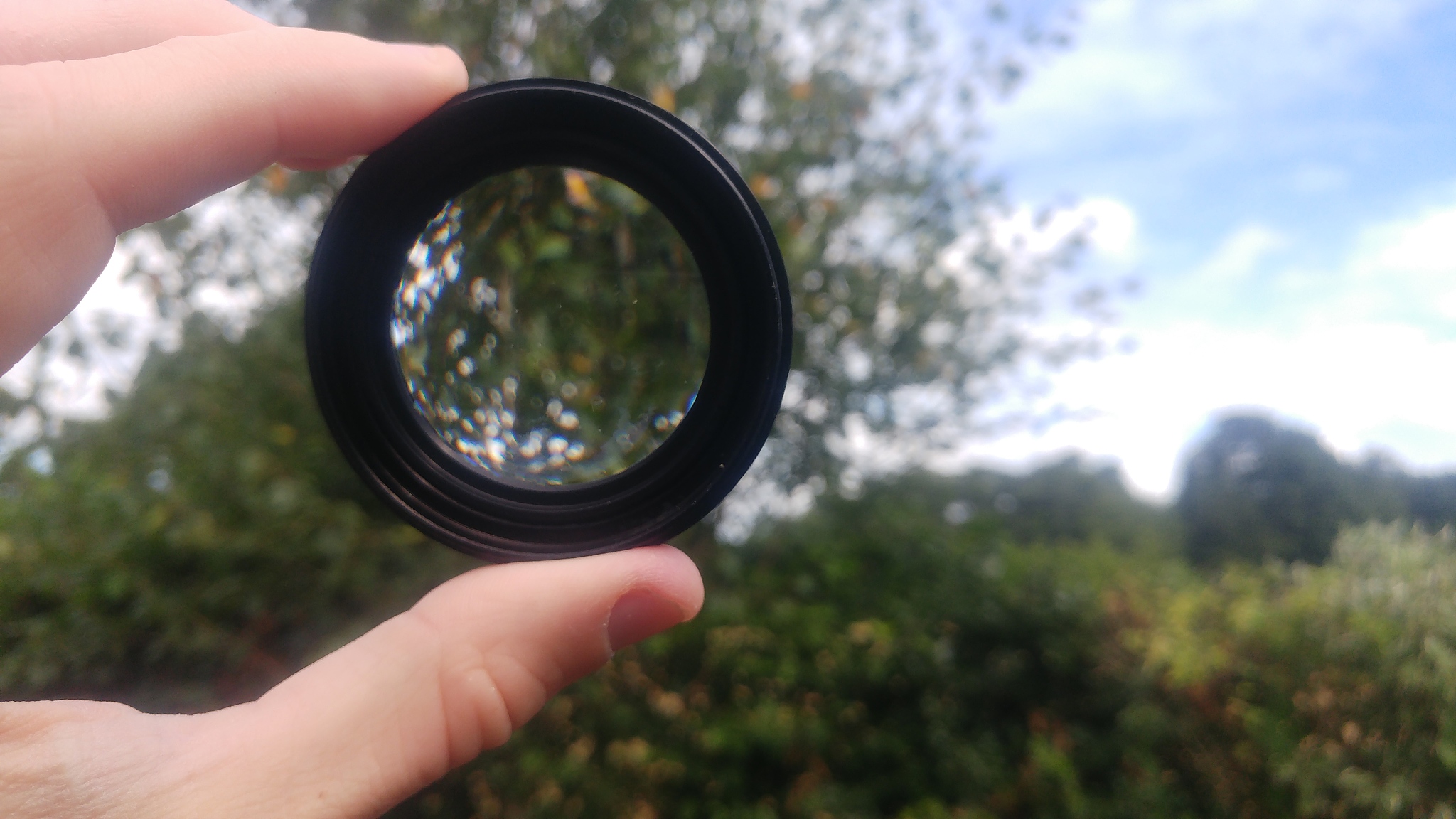 cropped hand holding lens against trees