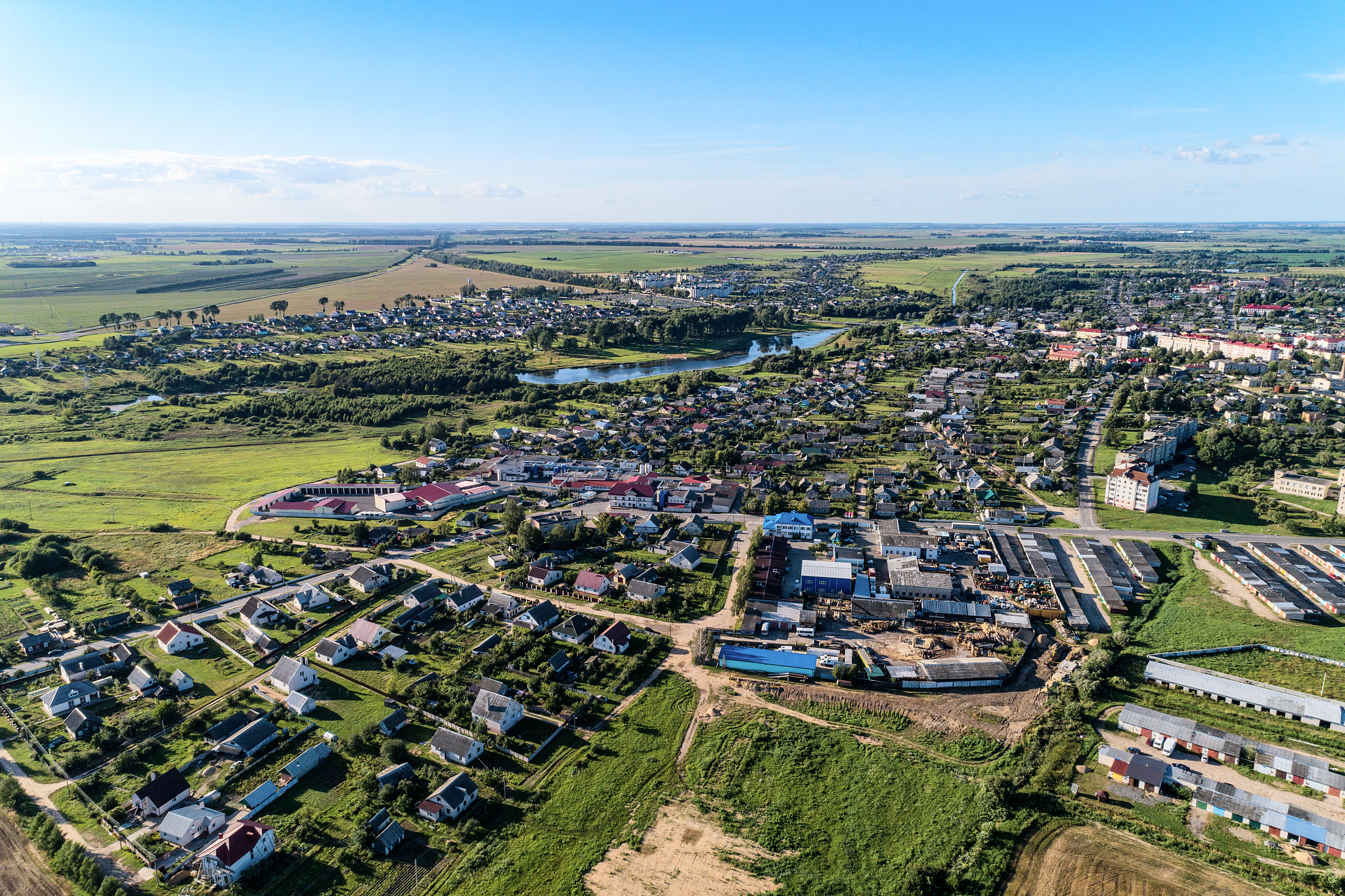a small european city, summer evening. a bird's-eye view