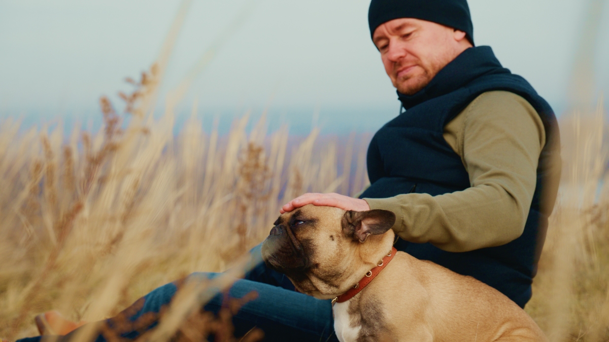 <strong>男人</strong>与他的法国斗牛犬在大自然宁静的美景中,坐在高高