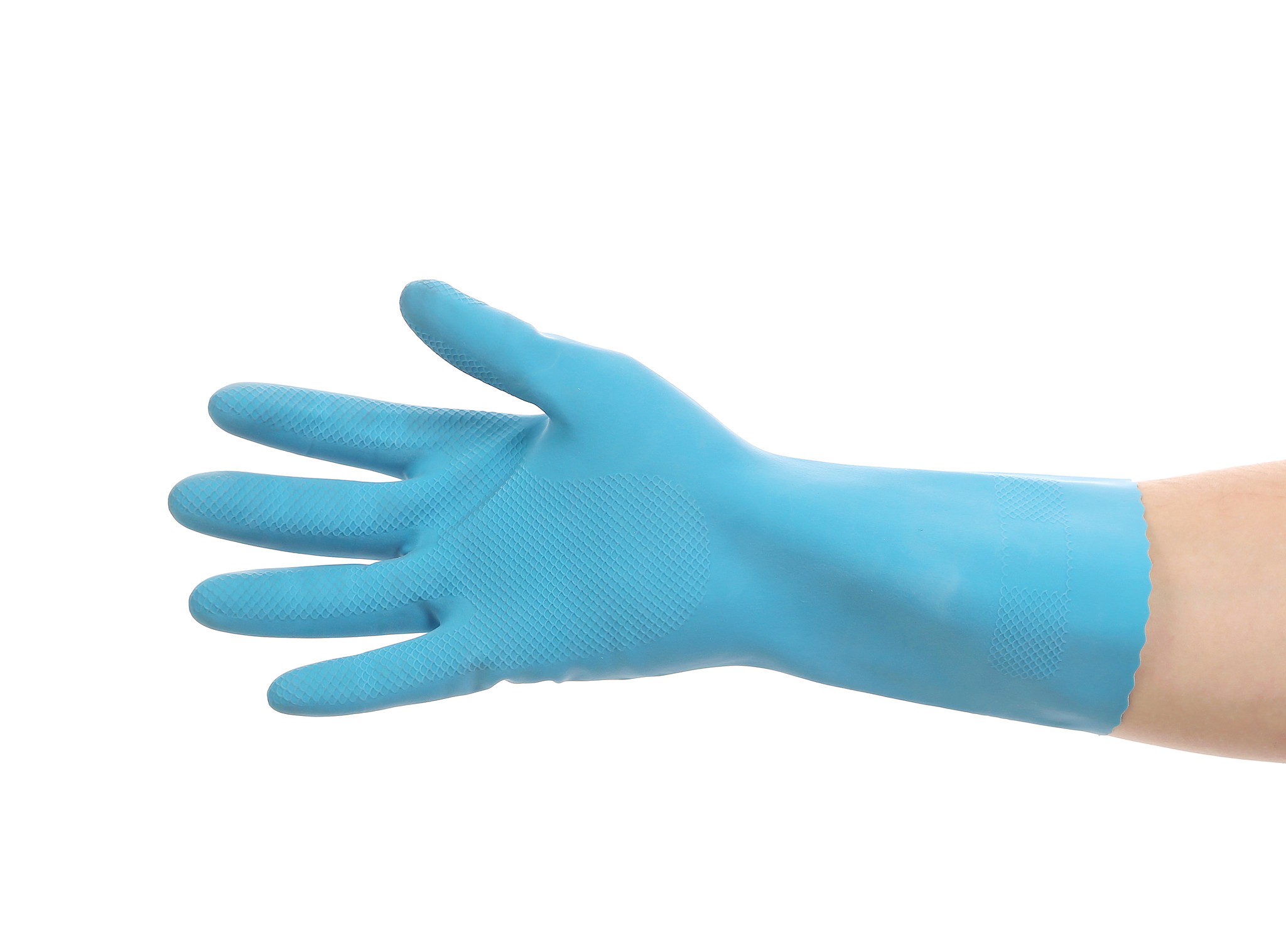 blue glove on hand shows five.