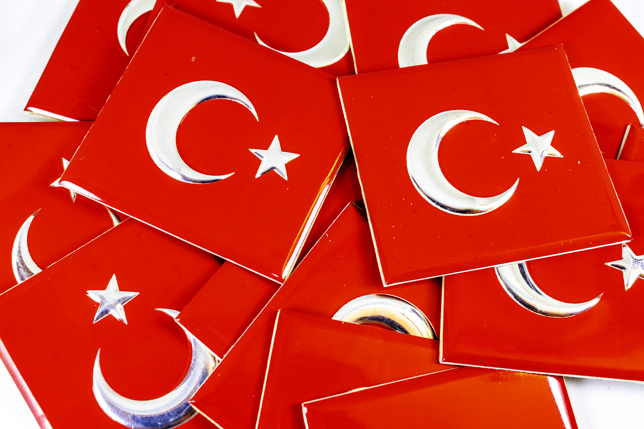 close up turkish flag objects with moon and star on red color