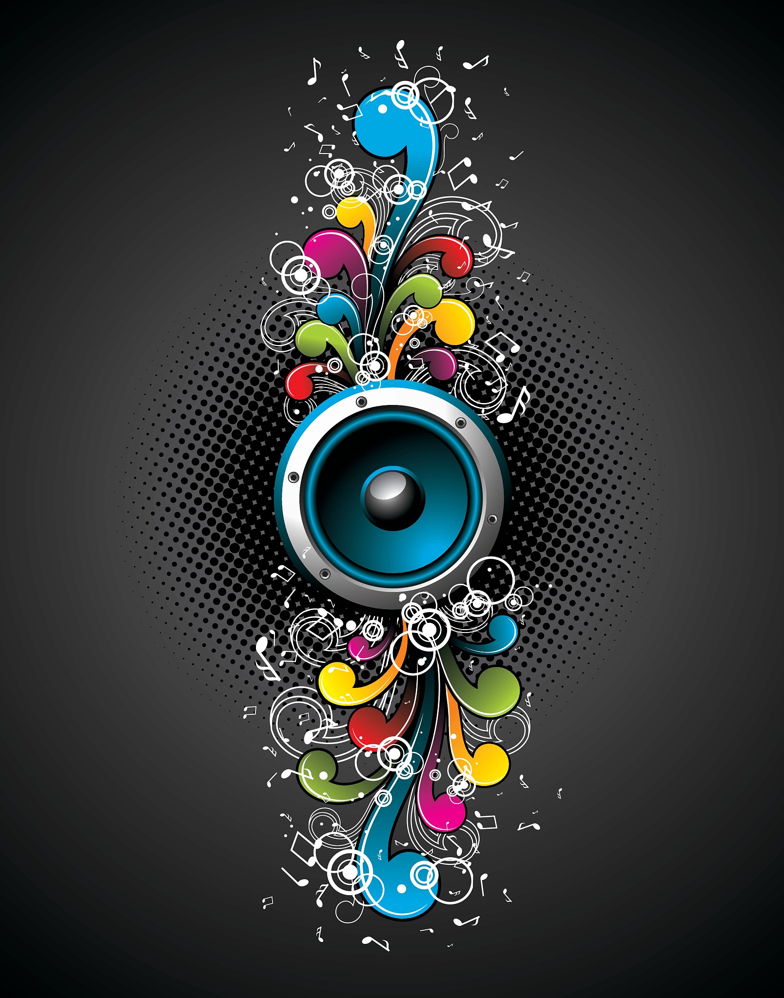 vector speakers with colorfull grunge floral elements on a dark 
