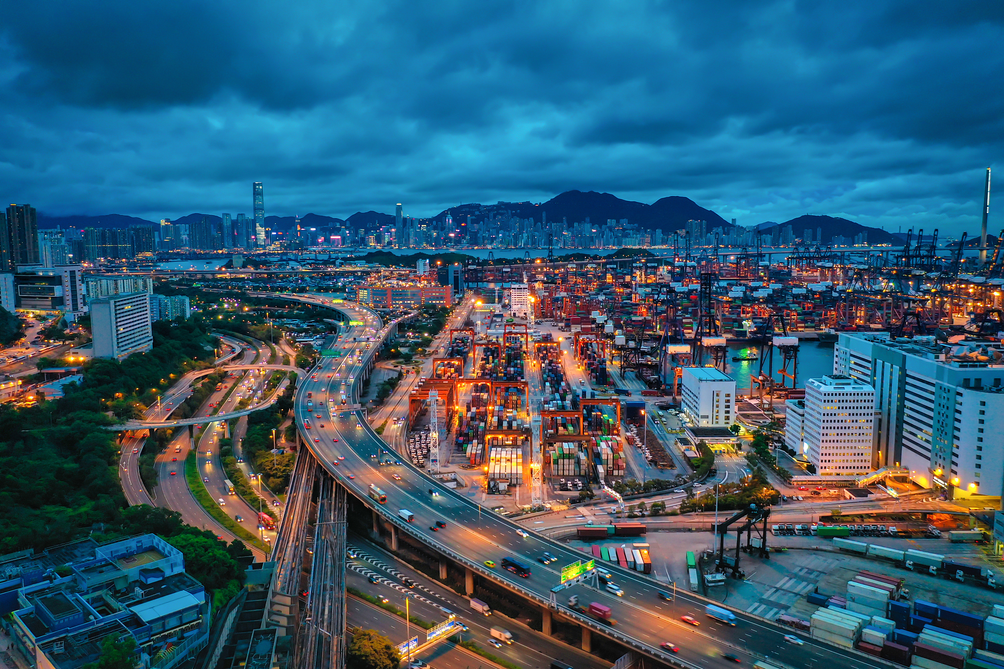 aerial view of hong kong city with container port terminal at dr