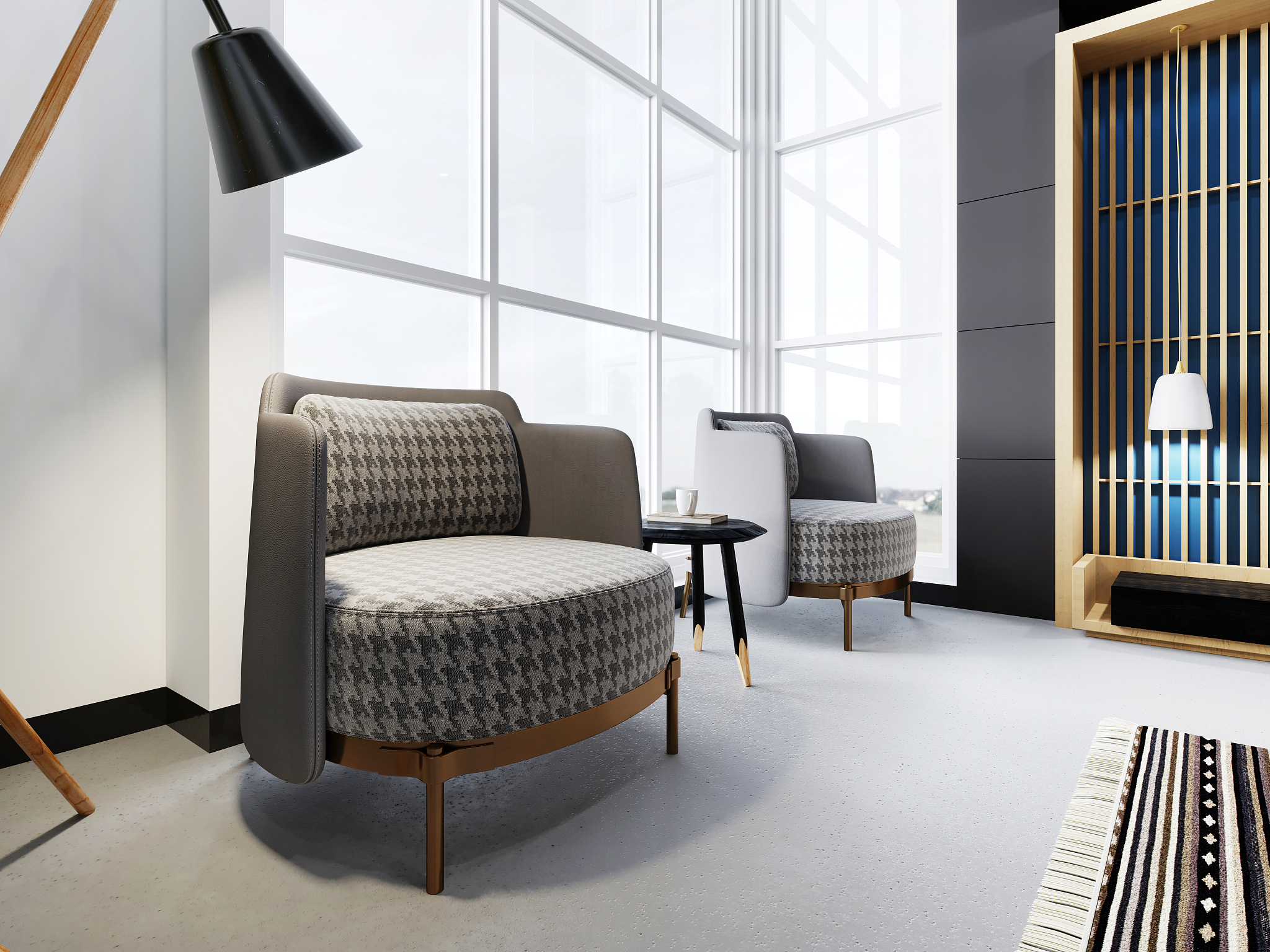two soft designer loft chairs in the bedroom.