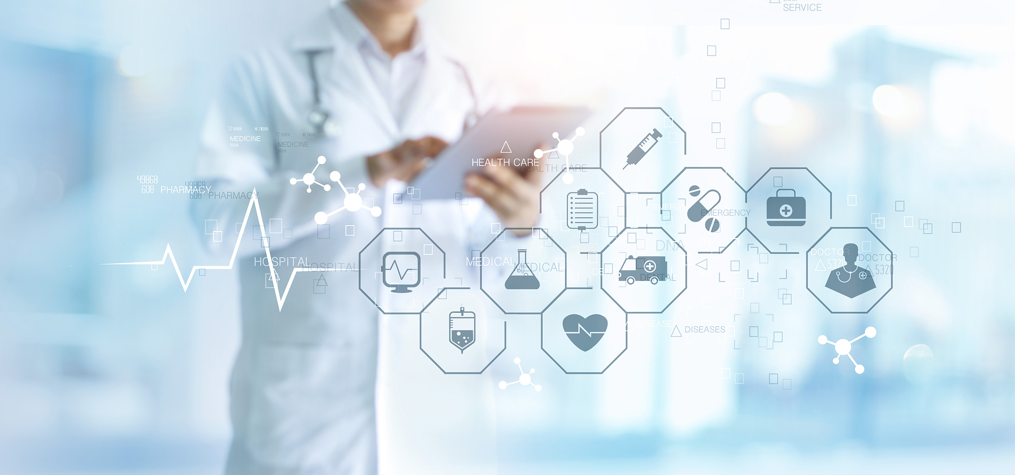 medicine doctor with stethoscope using tablet and medical icon n