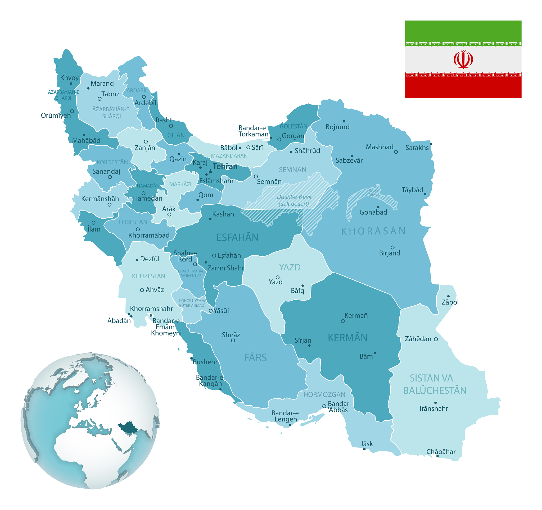 iran administrative blue-green map with country flag and locatio