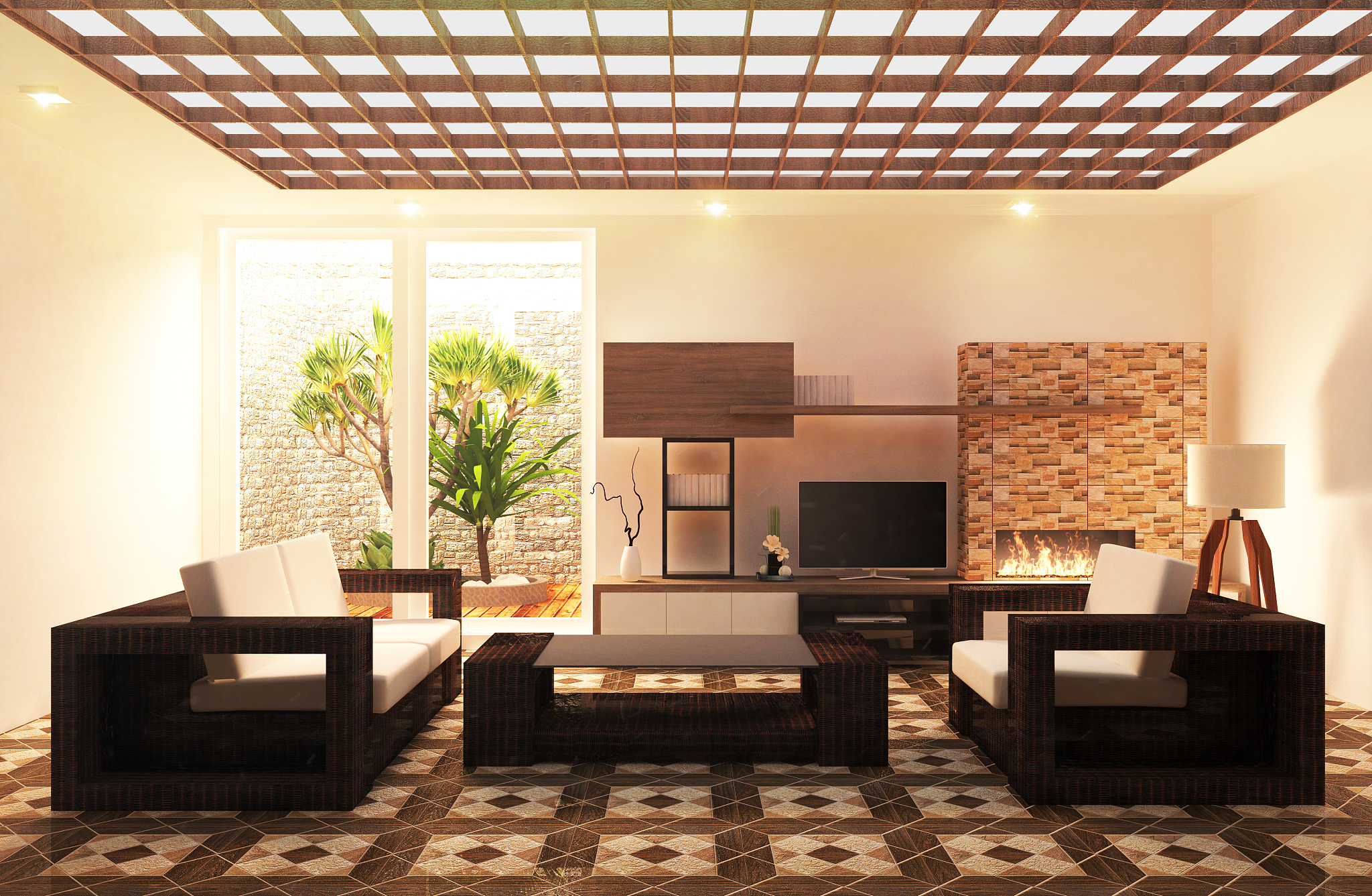 tv room floor wood tiles on wall design, with wooden cabinet and