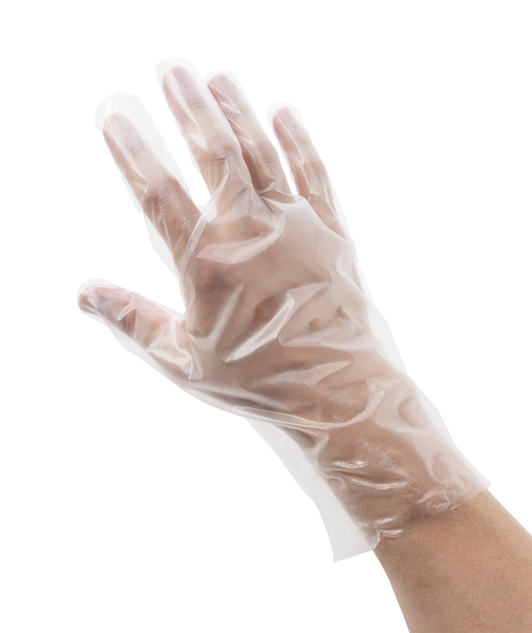 a man's hands with poly gloves on a white background.