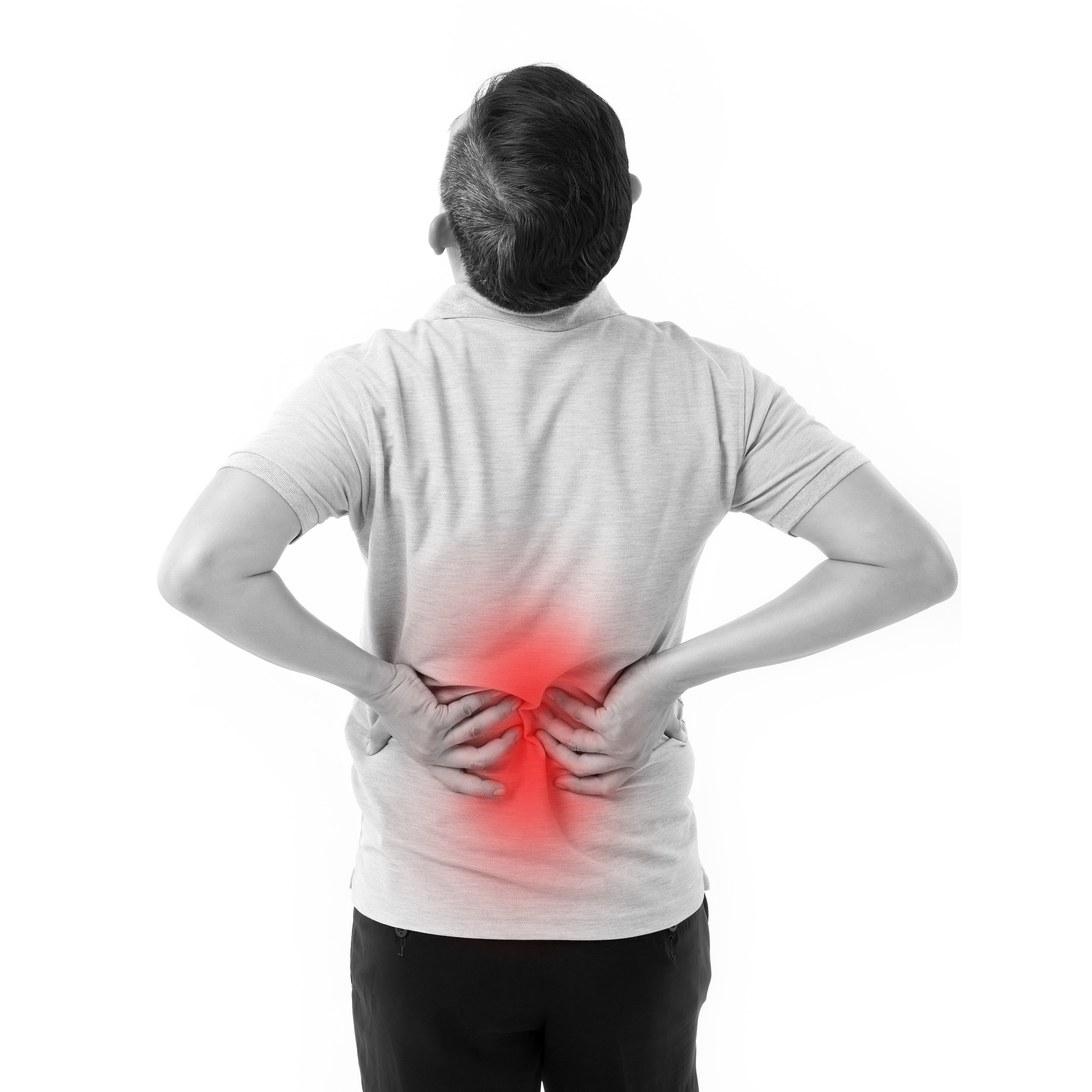 man suffering from back pain, hand holding back