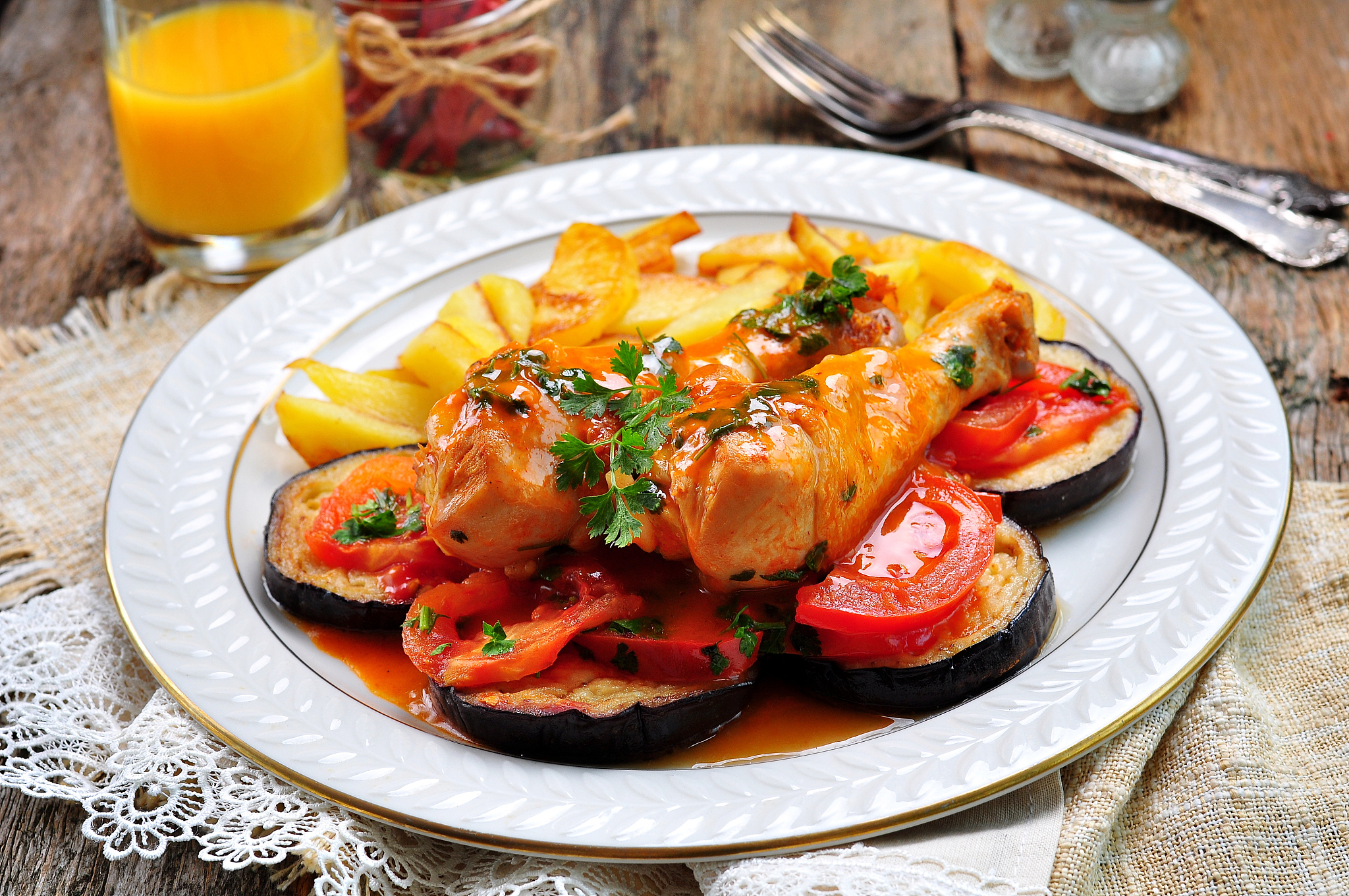 braised chicken in white wine with eggplant, tomato