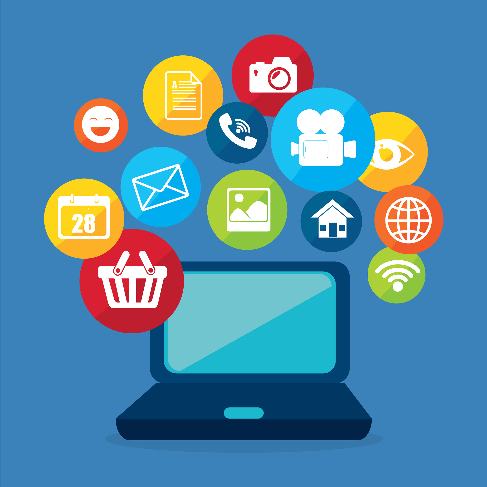 laptop with social media marketing icons