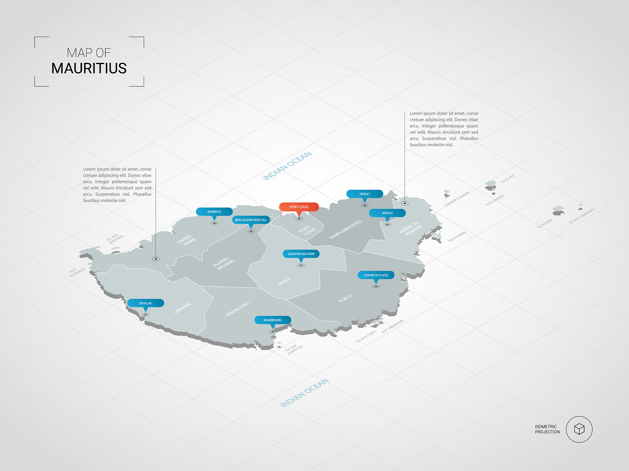 isometric mauritius map with city names and