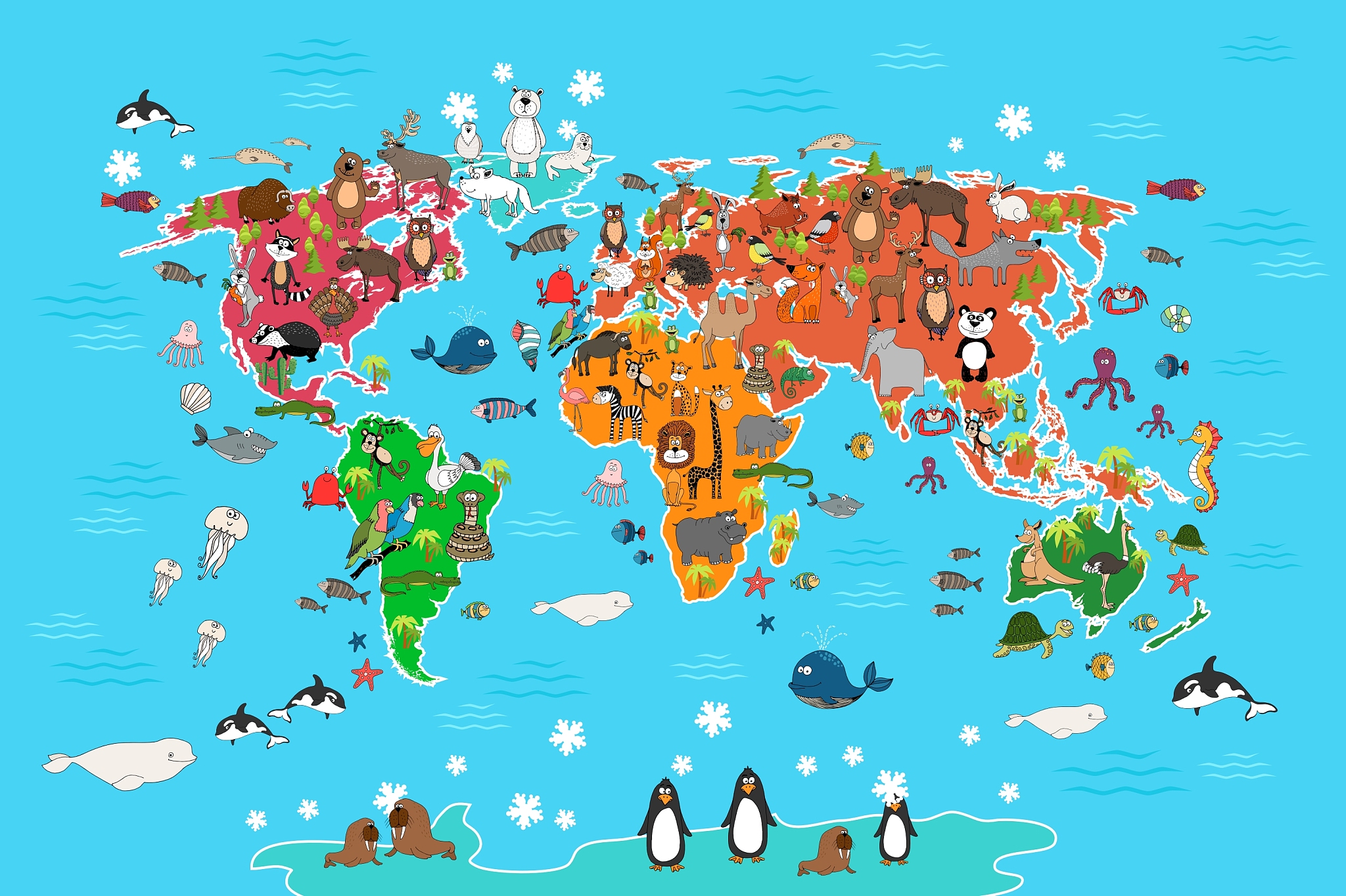 world map with animals in