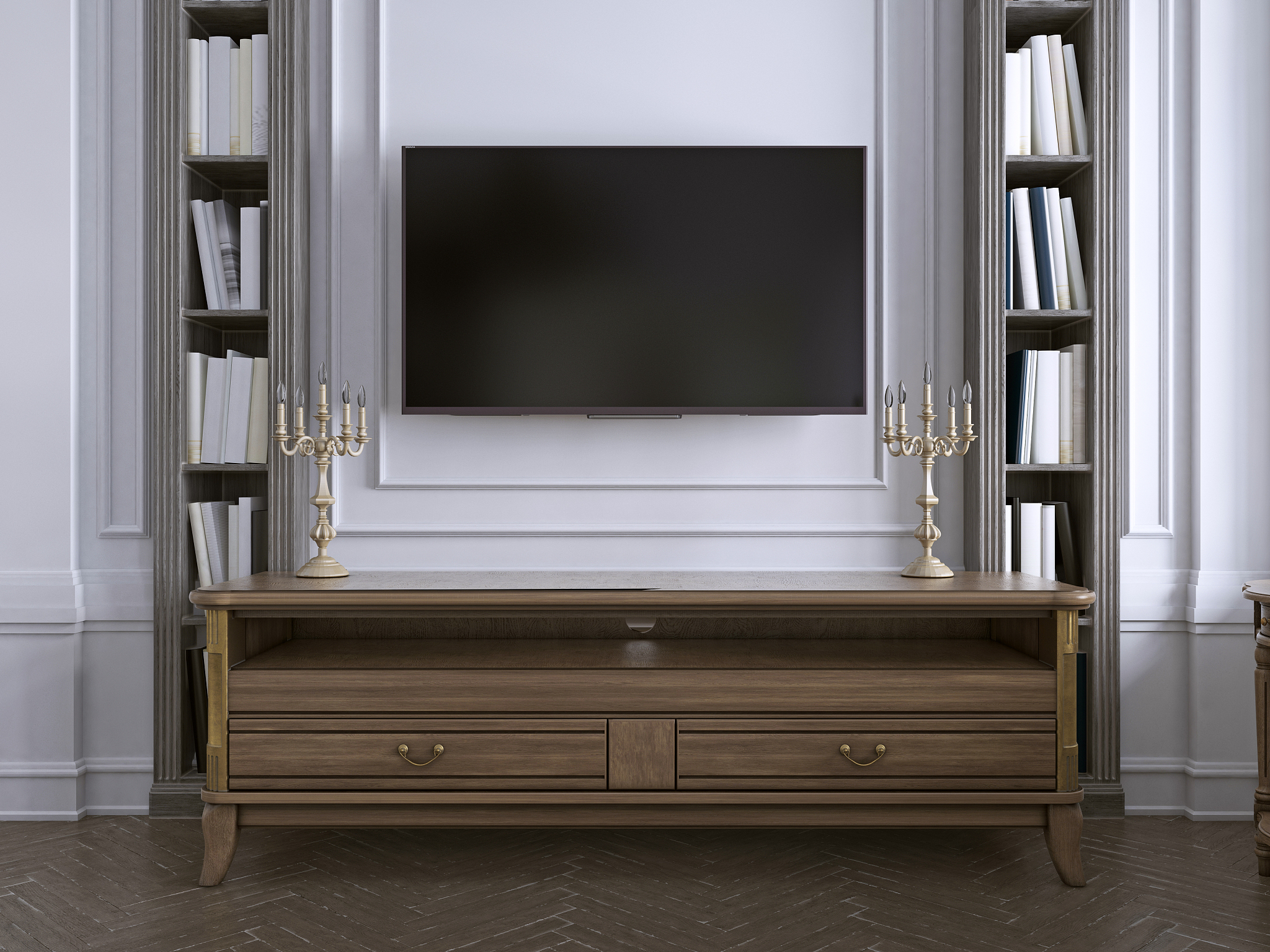 tv on wall with cabinet in classic living room, many bookshelves