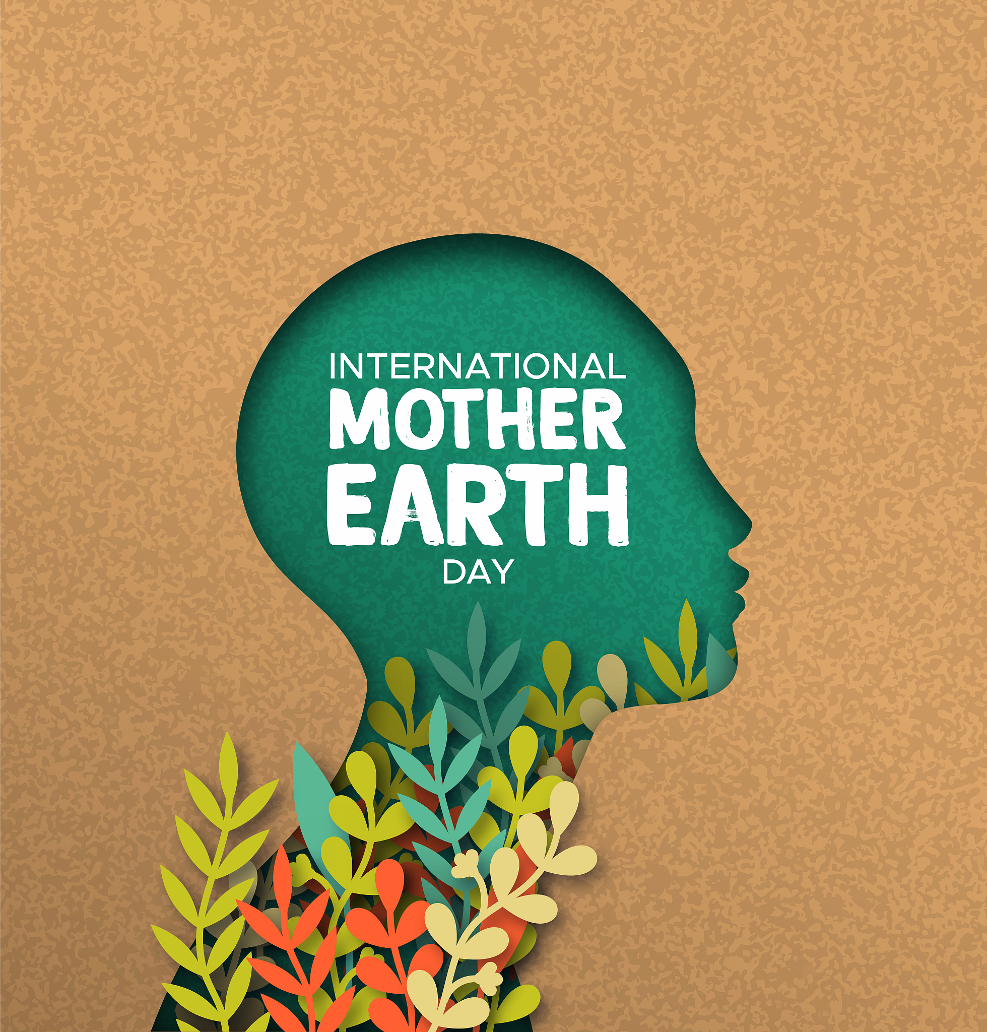 earth day card of papercut woman head with leaves