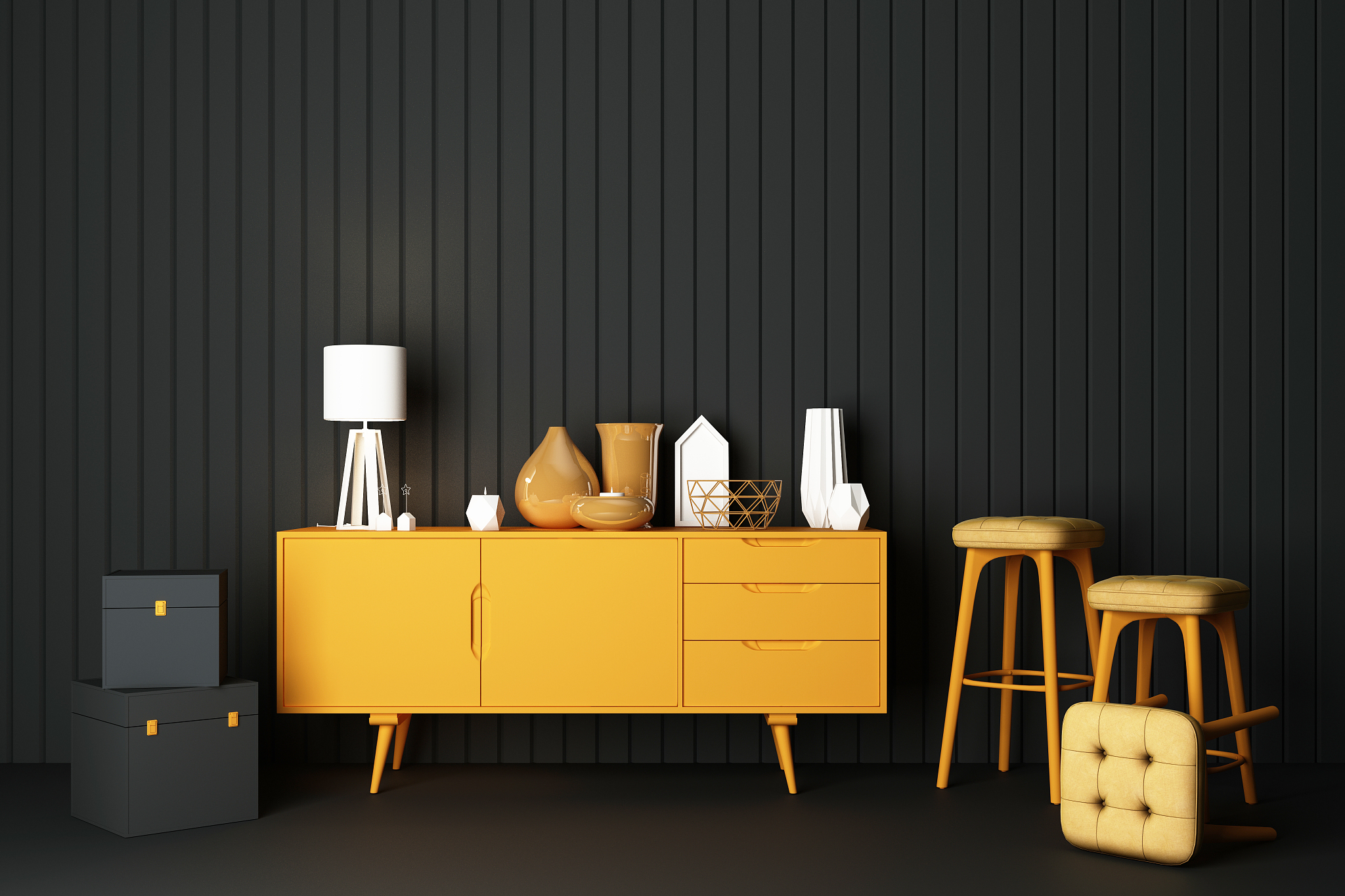 console, yellow cabinets and decorations above with yellow armch