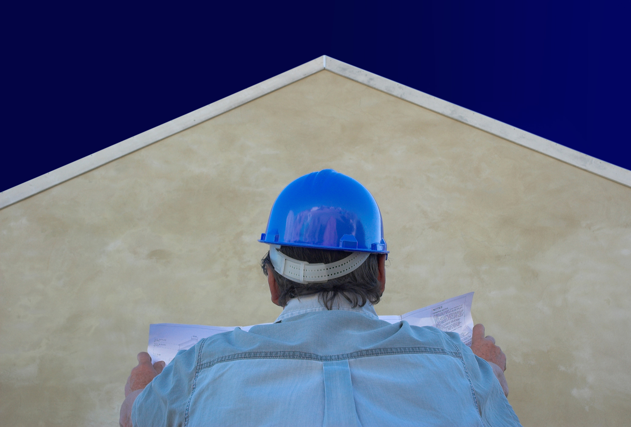 builder, plans, house and sky