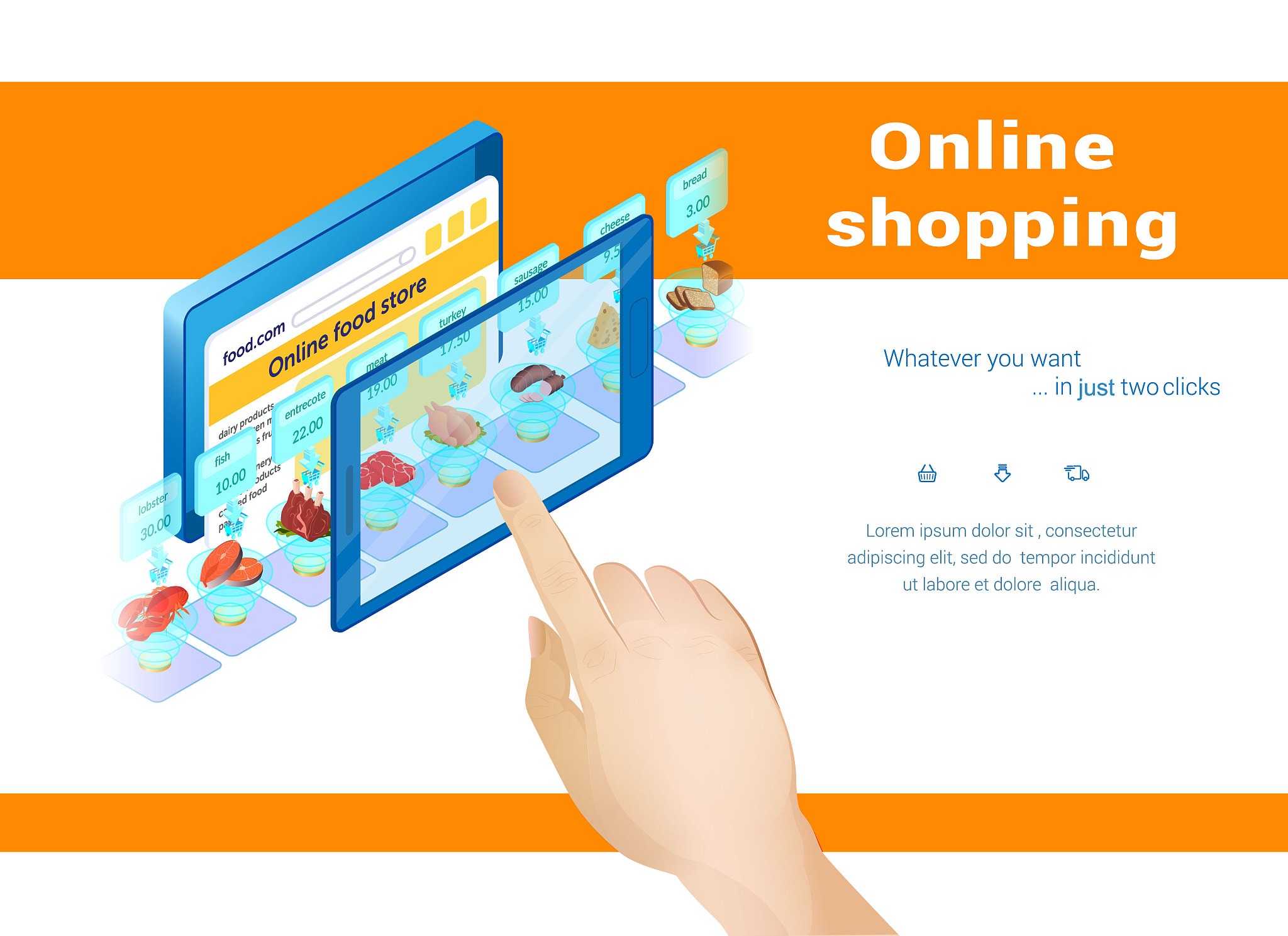 online shopping, person touching tablet screen.