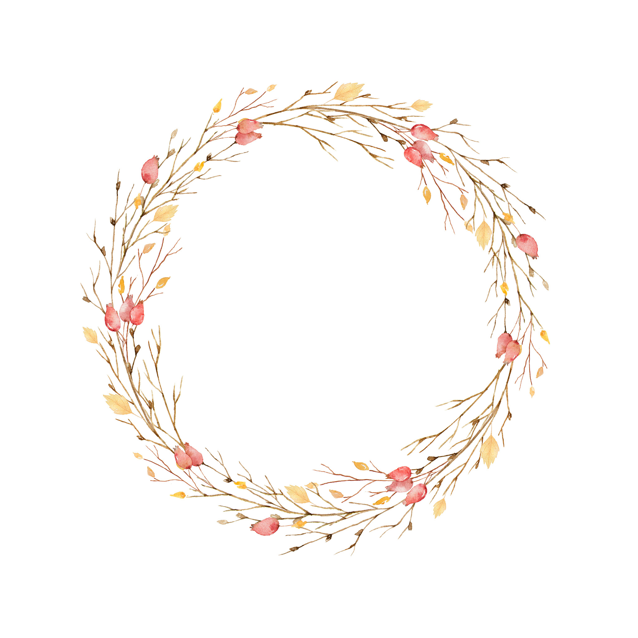 watercolor round frame of leaves and branches isolated on white 