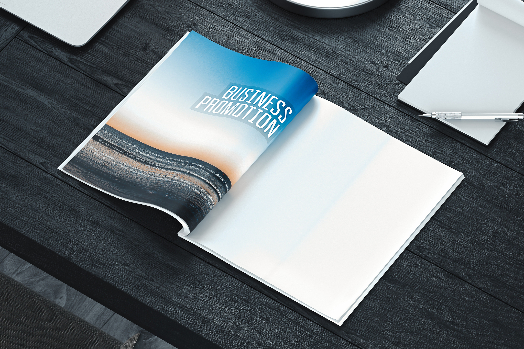 open magazine with blank pages on gray table. empty space. 3d re