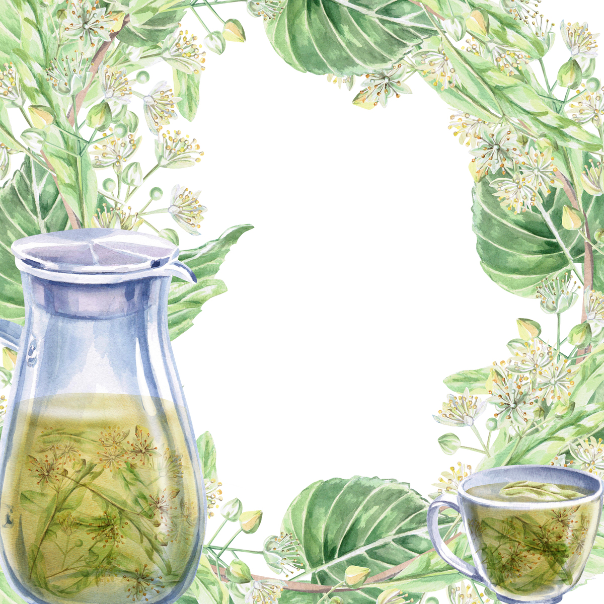 一个方形画框,里面放着一壶椴树茶和一杯椴树茶,以及.