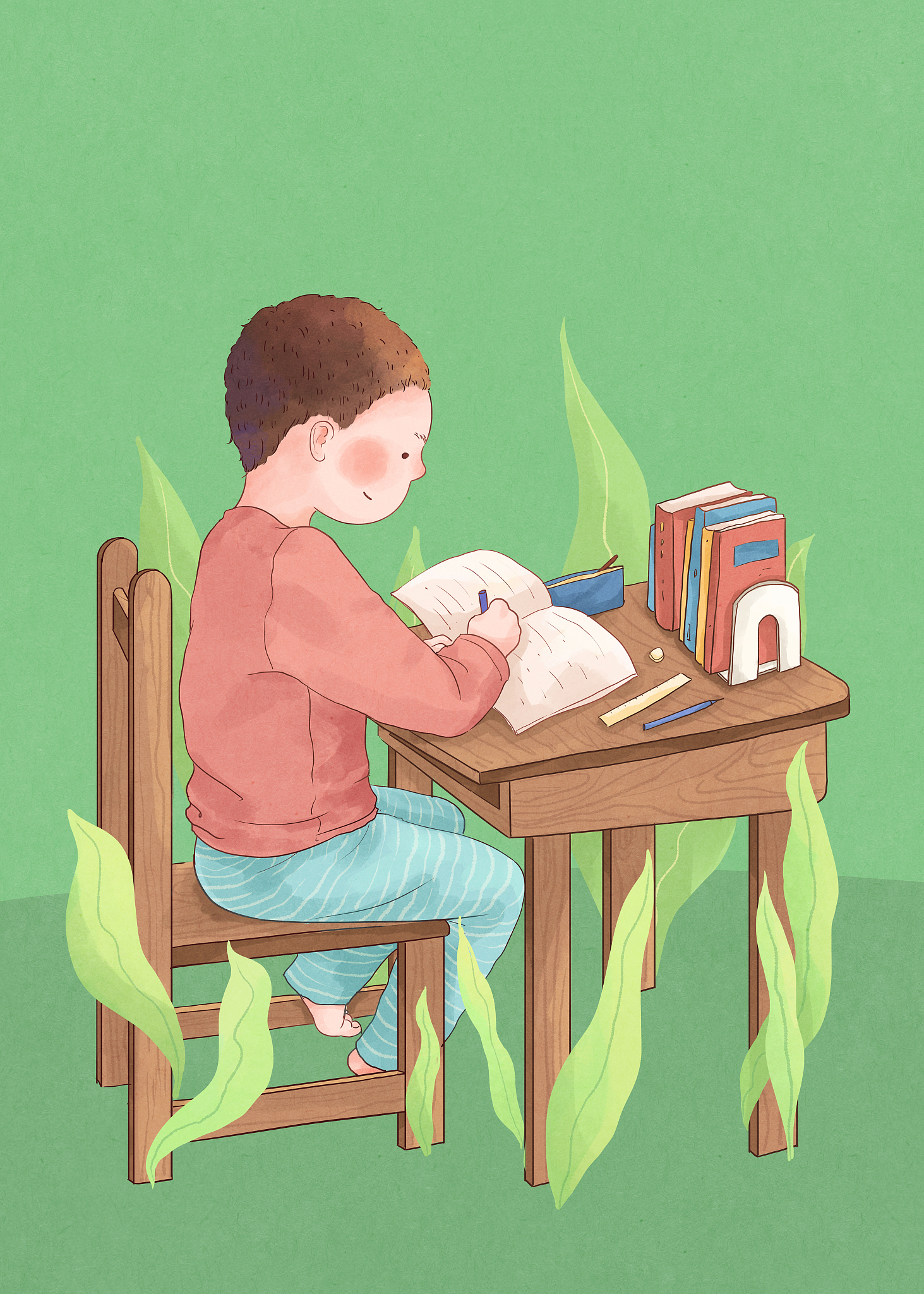 绿叶与学习的学生小清新插画