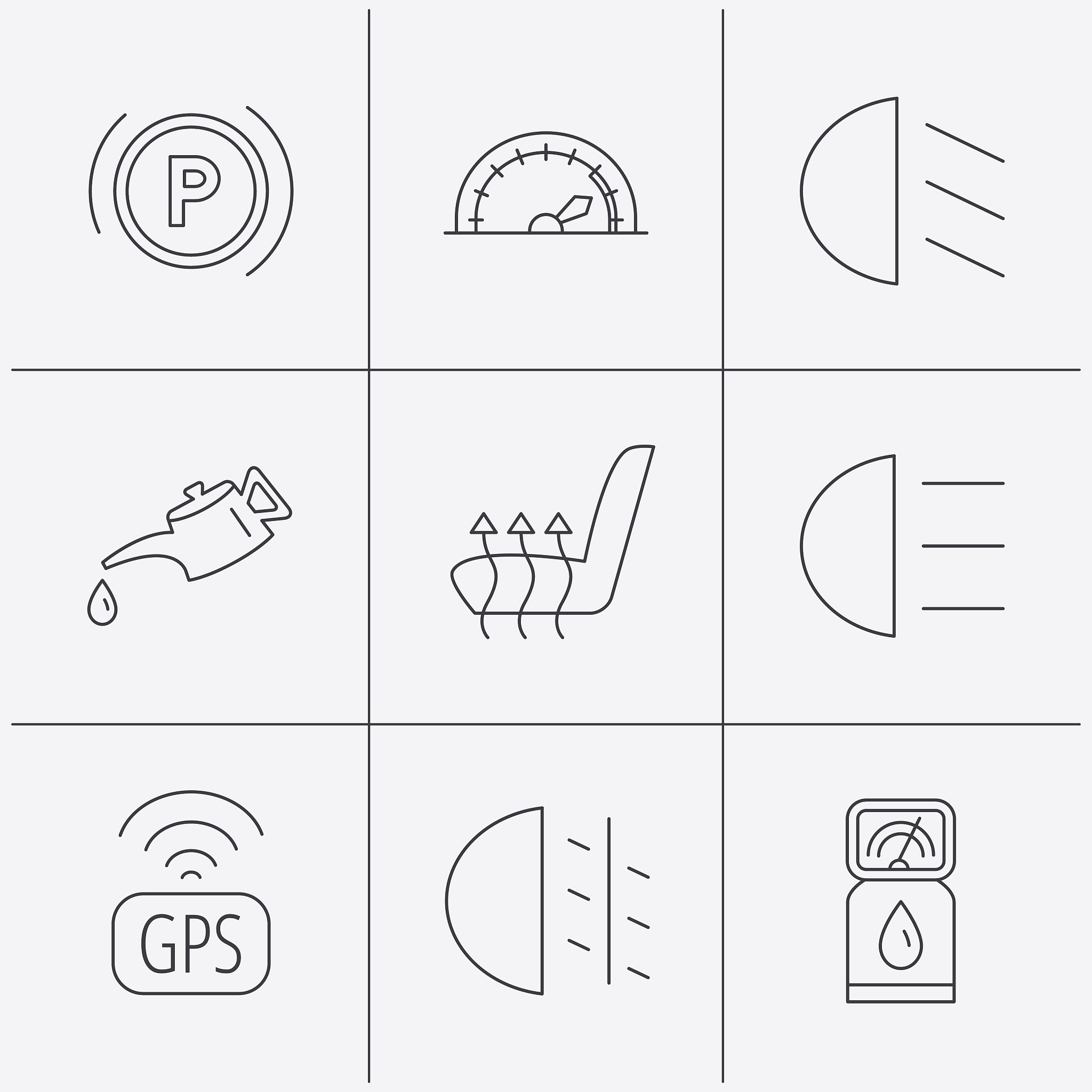 motor oil, passing fog lights and gps icons.
