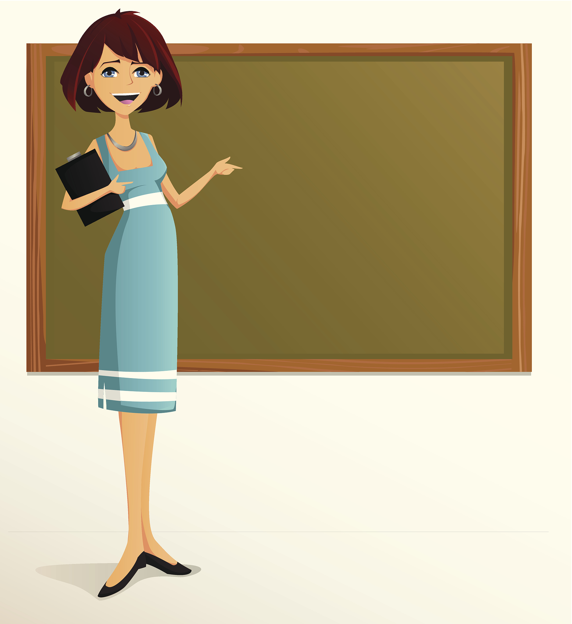 young teacher pointing at board.