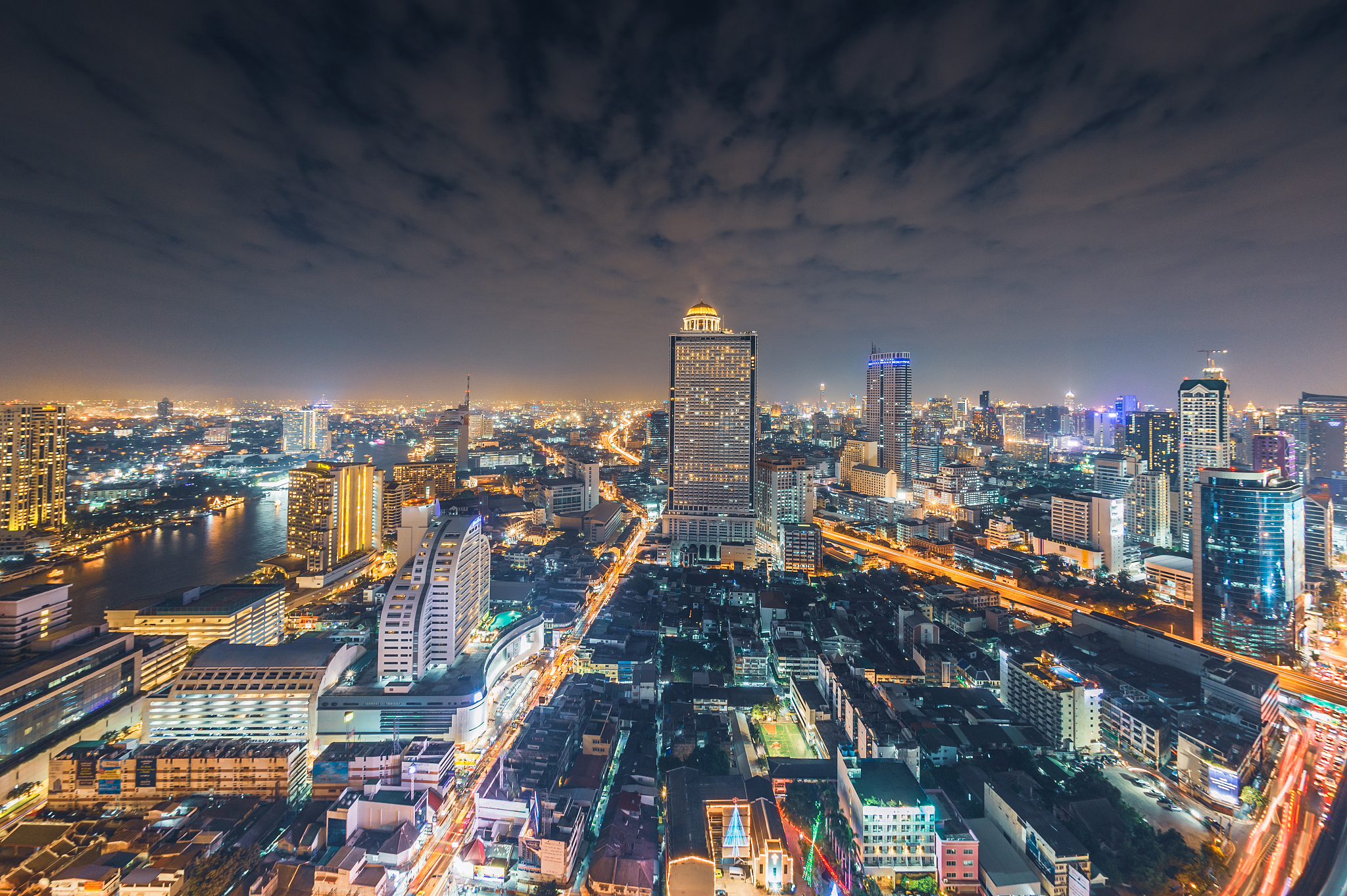 aerial view sathorn and silom district and sky-train station cho