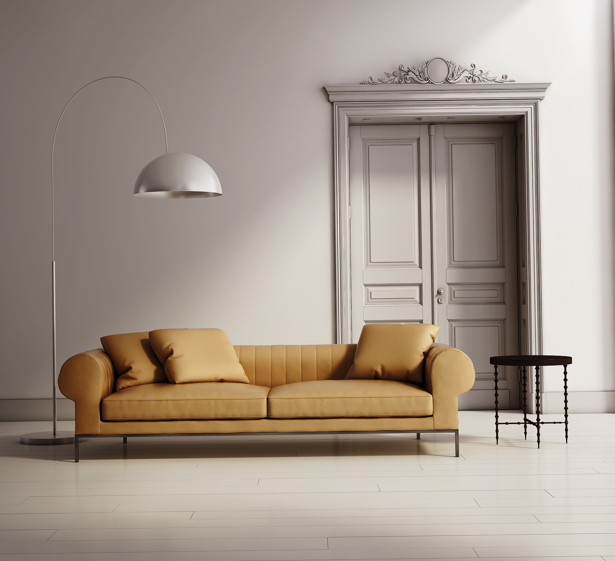 contemporary classic living room, beige leather sofa, wood floor