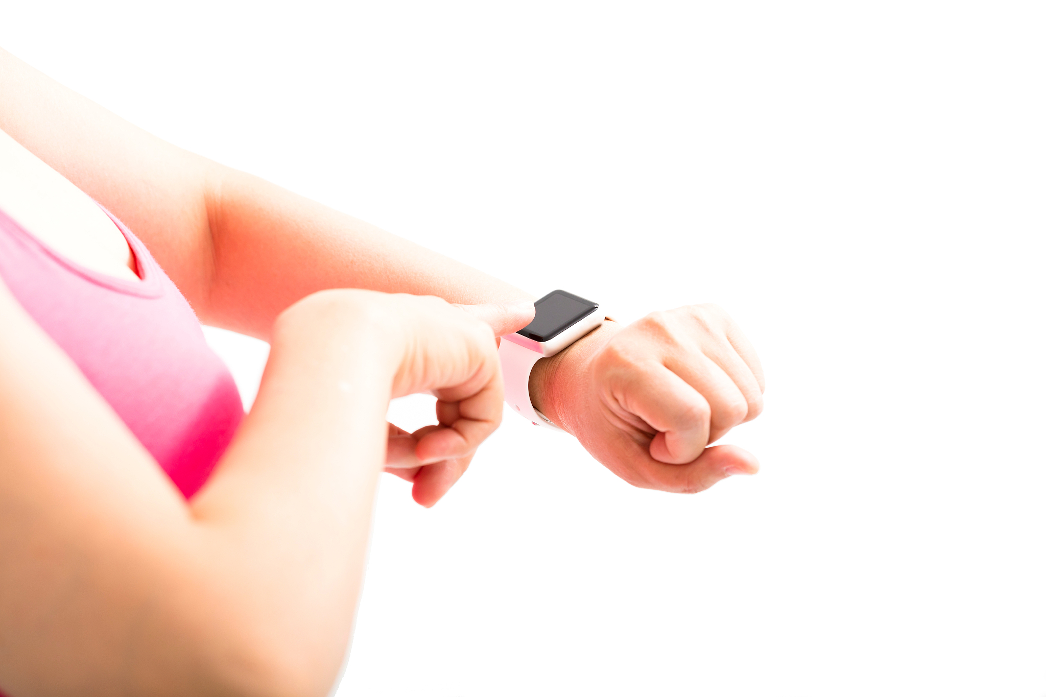 young woman finger touch the sports smart watch