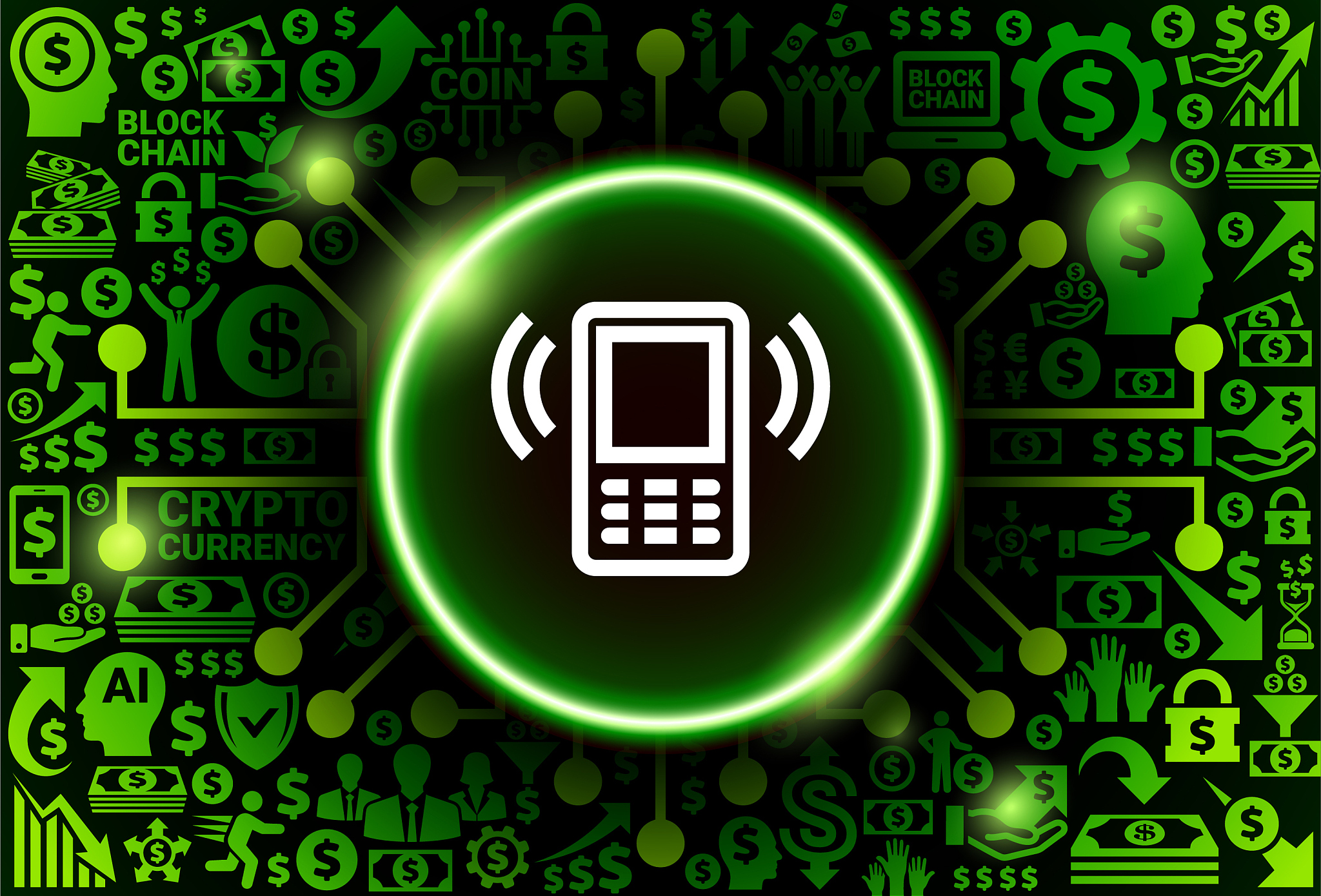 telephone icon on money and cryptocurrency background