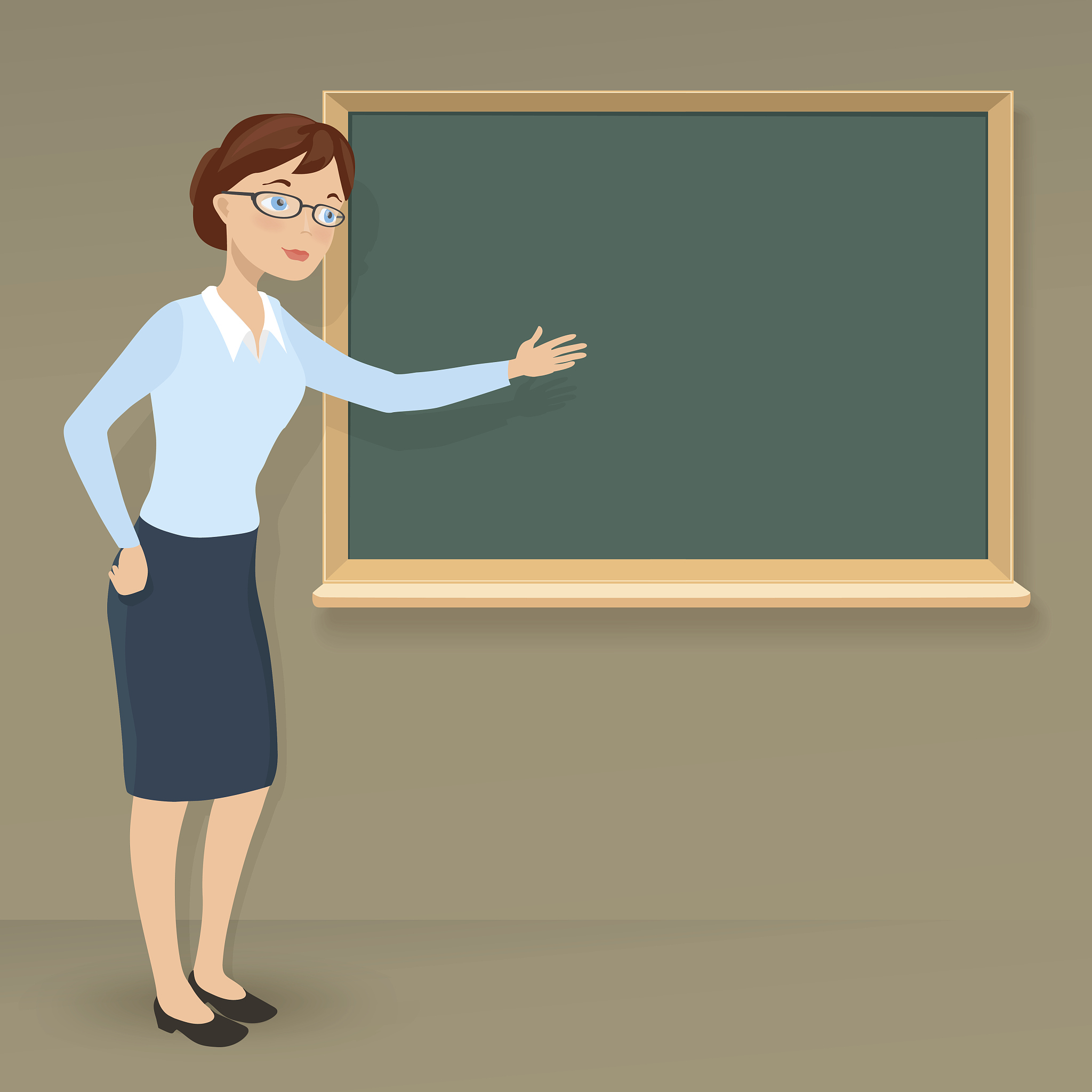 young female teacher showing on blank chalkboard. vector cartoon