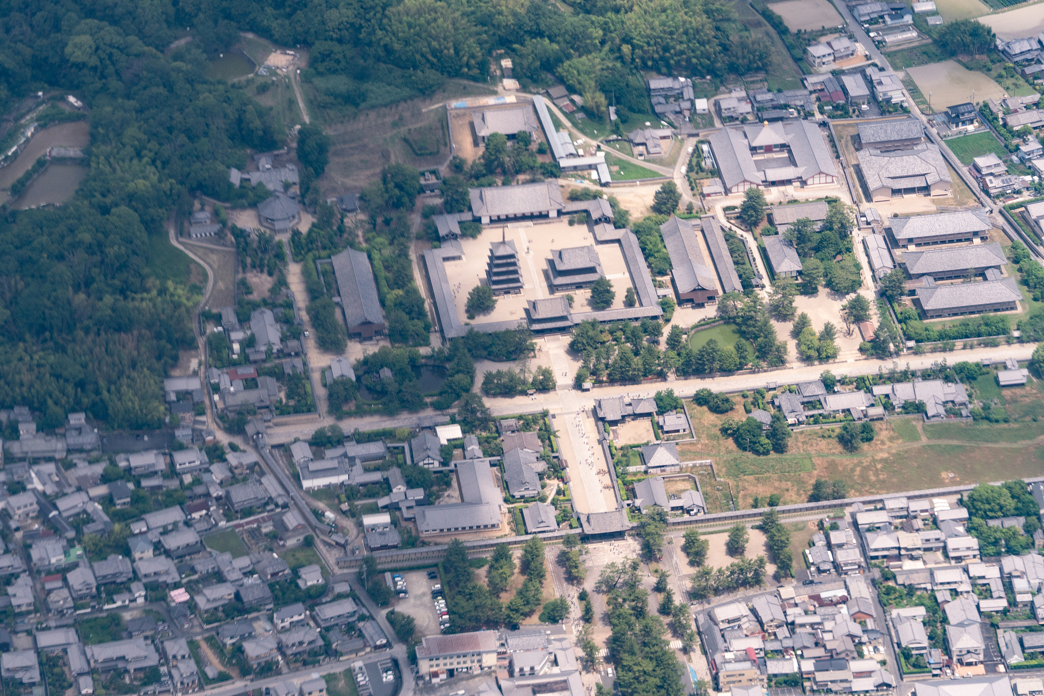 horyuji temple in japan aerial view from airplane