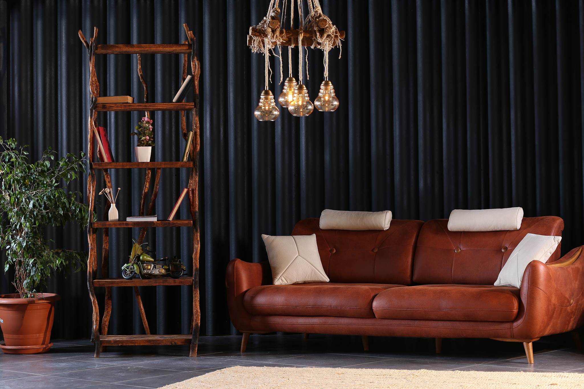 blue living room  and chandelier decor