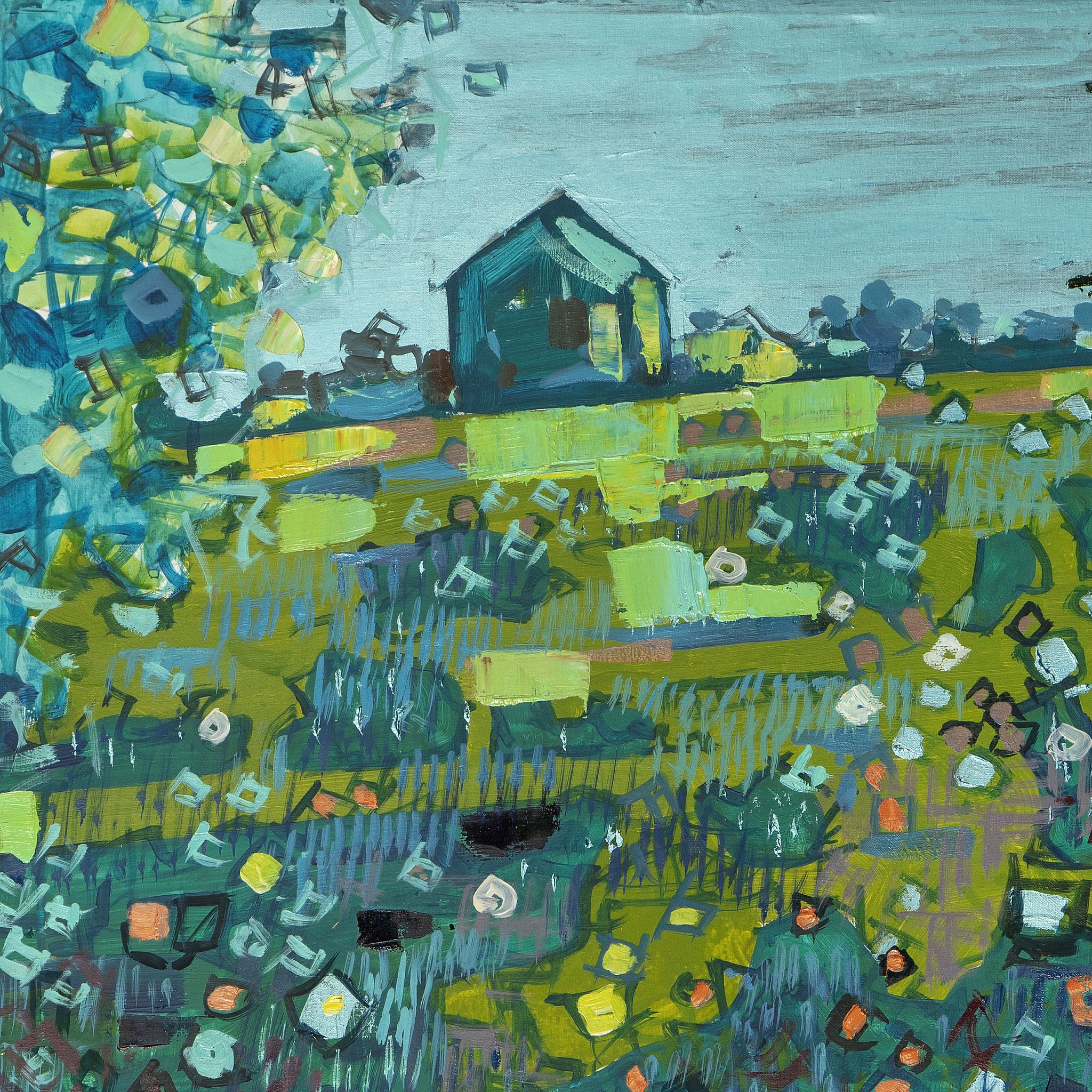 翻译：作品中的远景和近景都很多在由实到虚再由近及远中房屋的刻画是一个难点它们形态各异且颜色变化较多要将其统一在一定色调之中。由于肌理的随机性画面中一些房屋的屋顶和墙体的渐变色产生了微妙的变化笔者因此在之前构图的基础之上临时增加一些船只并改变窗户与门的不对称这样既丰富了画面的内容、渲染了氛围也解决了远近房屋的刻画问题从而使得整幅画面张弛有力、收放自如。