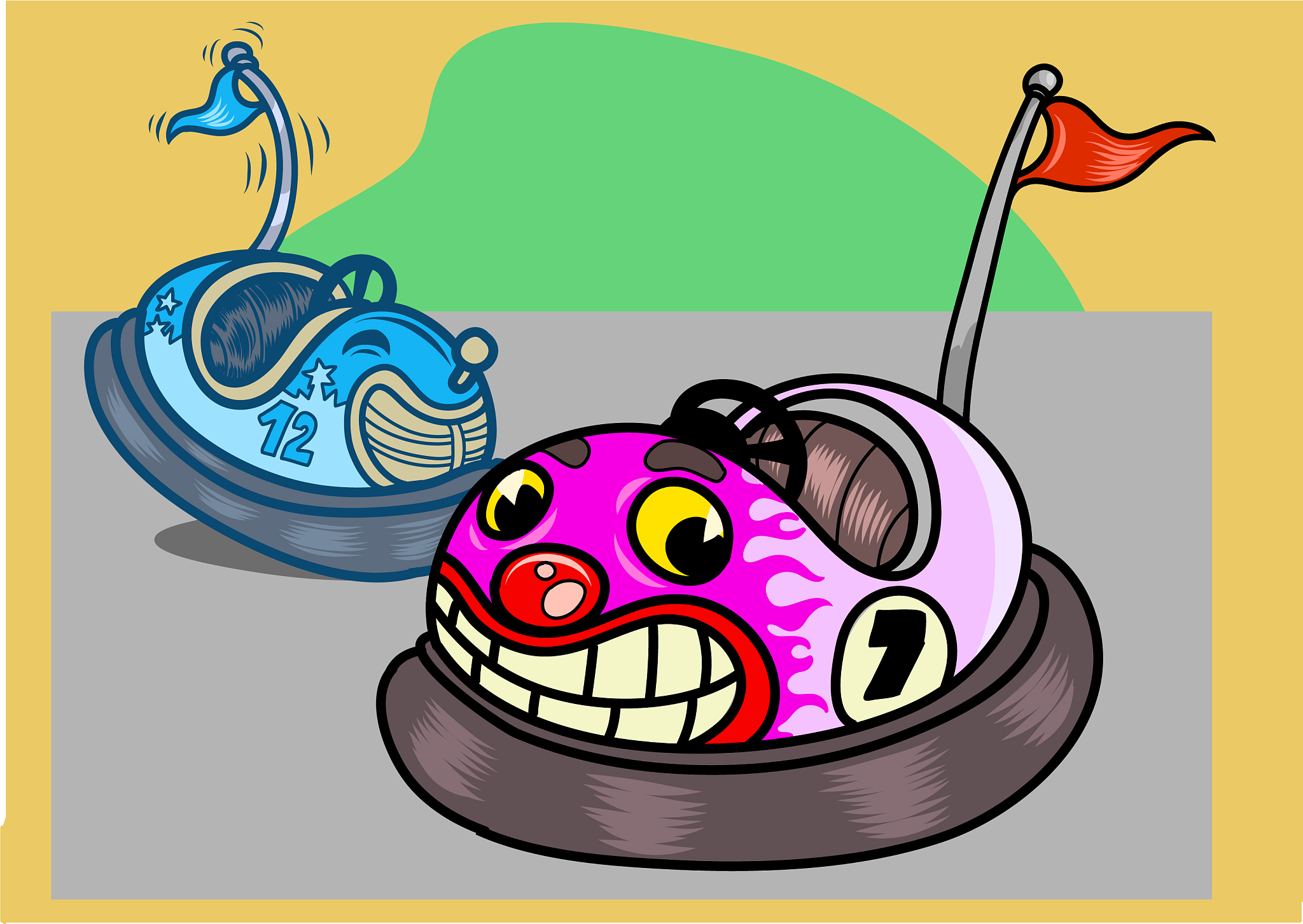 two funny bumper cars in cartoon style